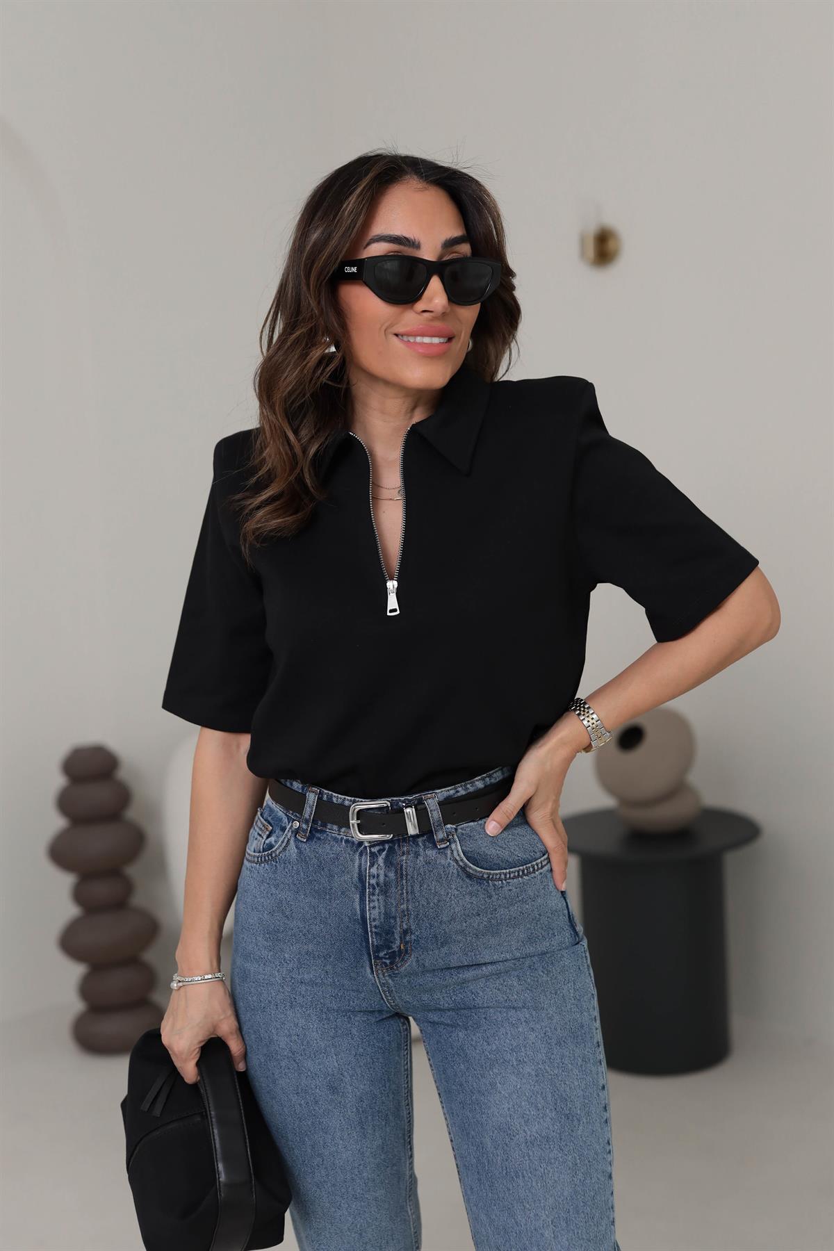 1008 Polo Yaka Fermuarlı Tshirt SİYAH