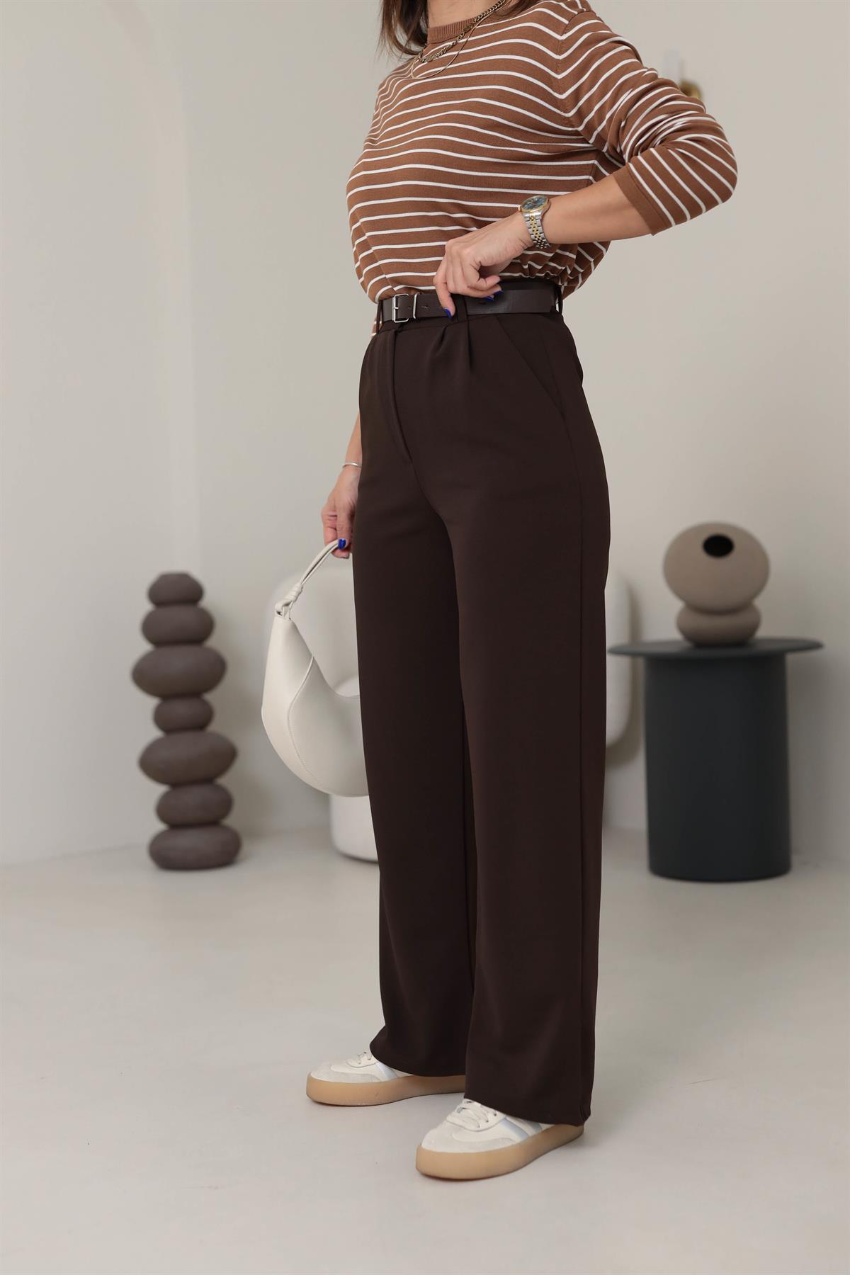 3851 Çift Pile Detaylı Kemerli Palazzo Pantolon KAHVE
