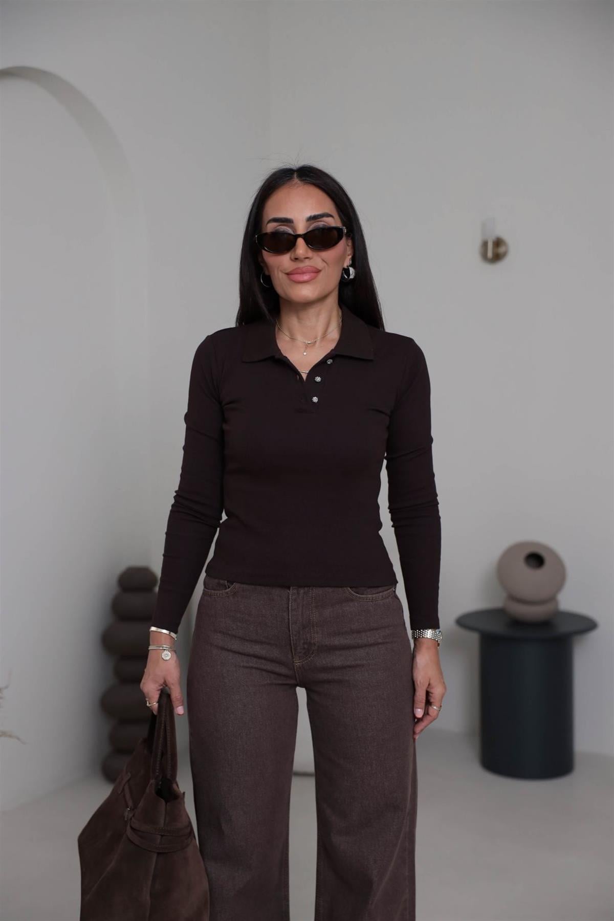 7195 Taş Düğme Detaylı Polo Yaka Bluz ACI KAHVE