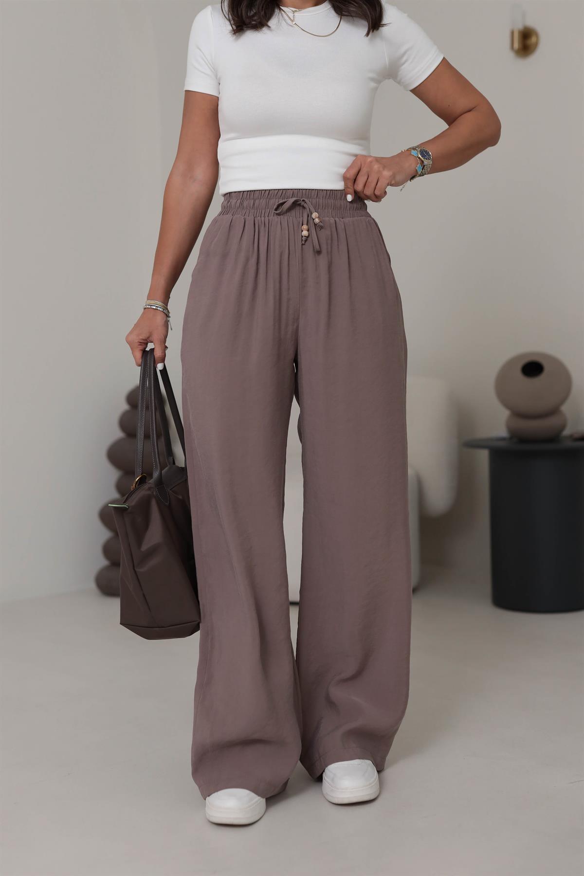 0253 Bel Lastikli Tencel Rahat Pantolon KAHVE