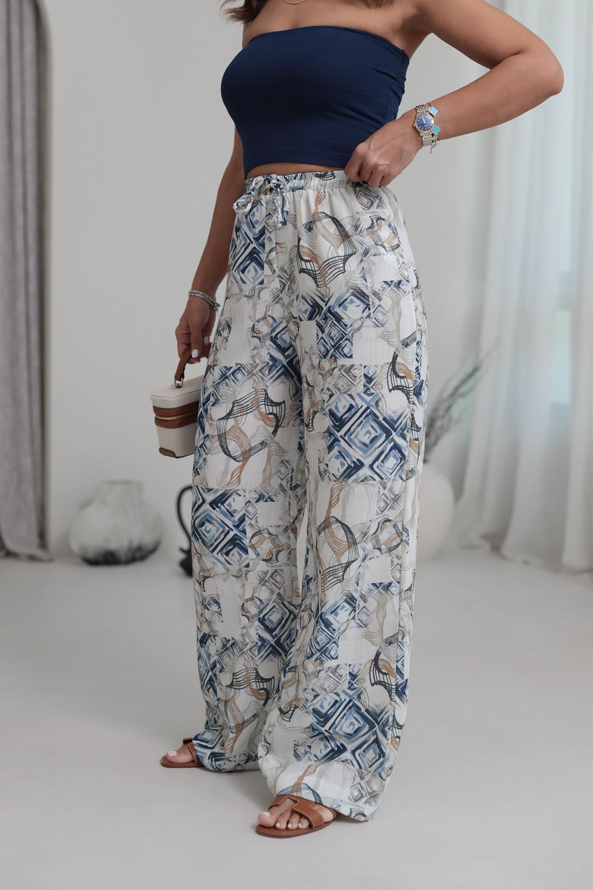 9792 Desenli Rahat Keten Pantolon DESENLİ