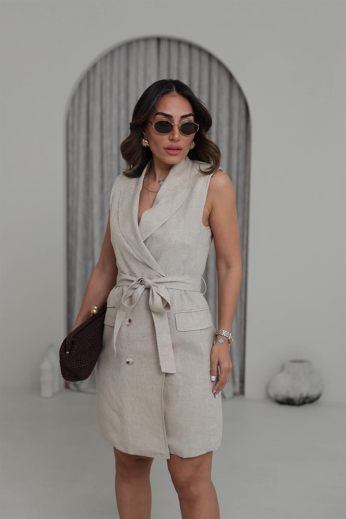 1001 Gömlek Yaka Keten Elbise NATURAL