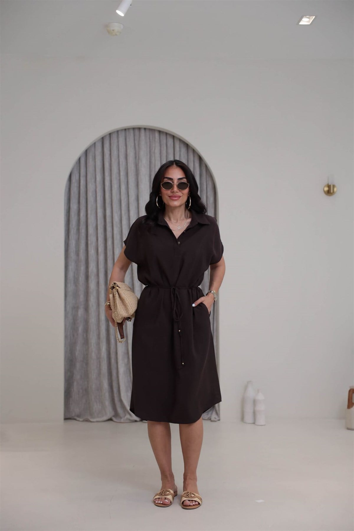 7541 Polo Yaka Tencel Kumaş Elbise KAHVE