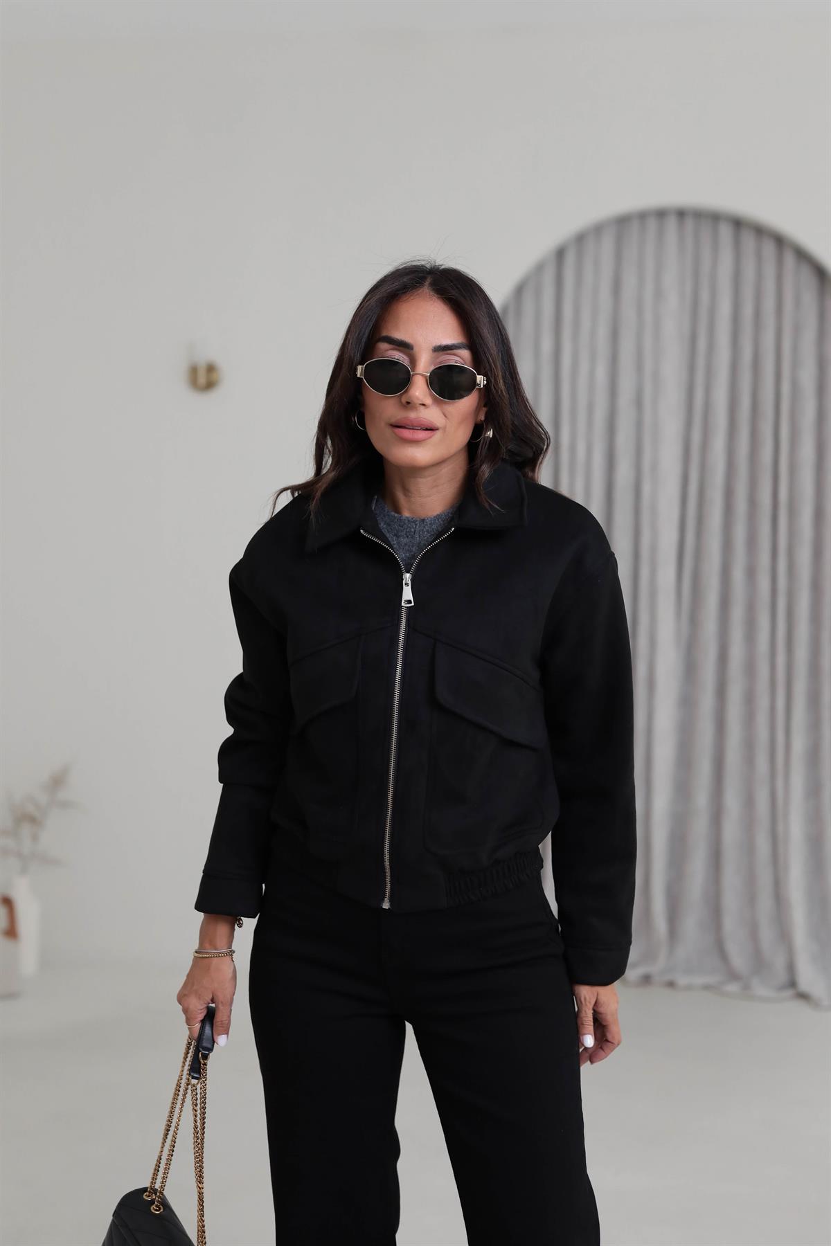 9730 Cep Detaylı Bel Lastikli Süet Bomber SİYAH