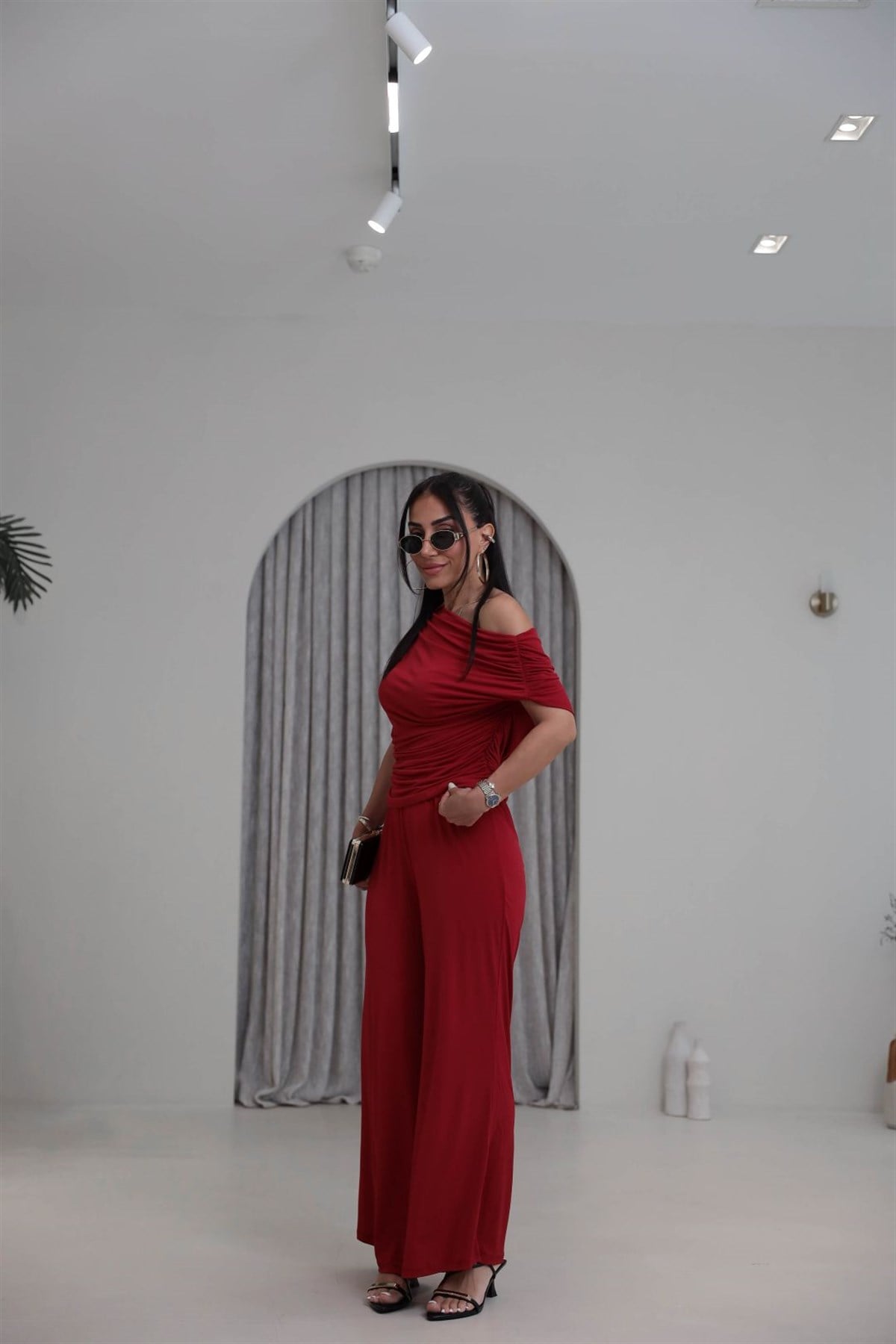 5388 Dökümlü Drapeli Sandy Bluz Pantolon Takım KIRMIZI