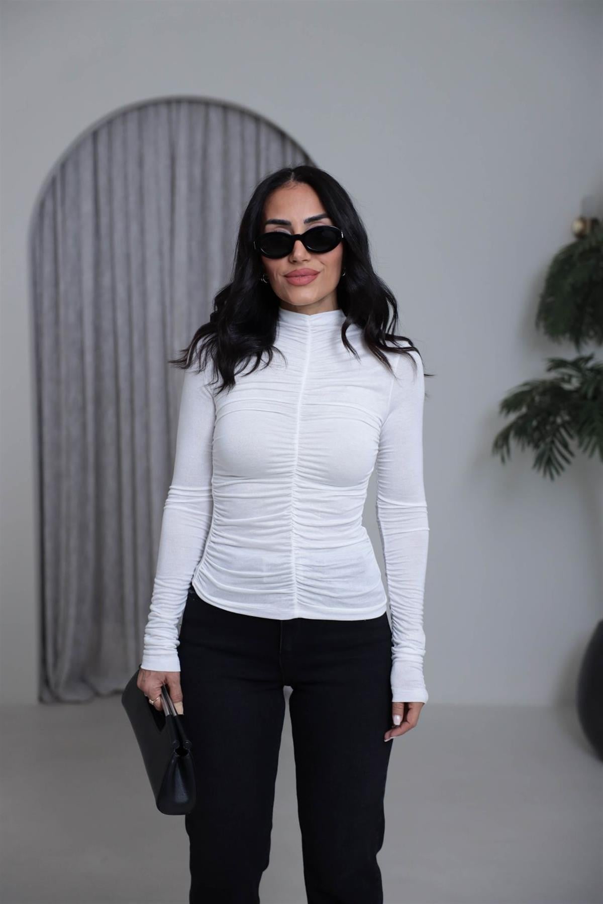 1036 Dik Yaka Drapeli Transparan Bluz BEYAZ