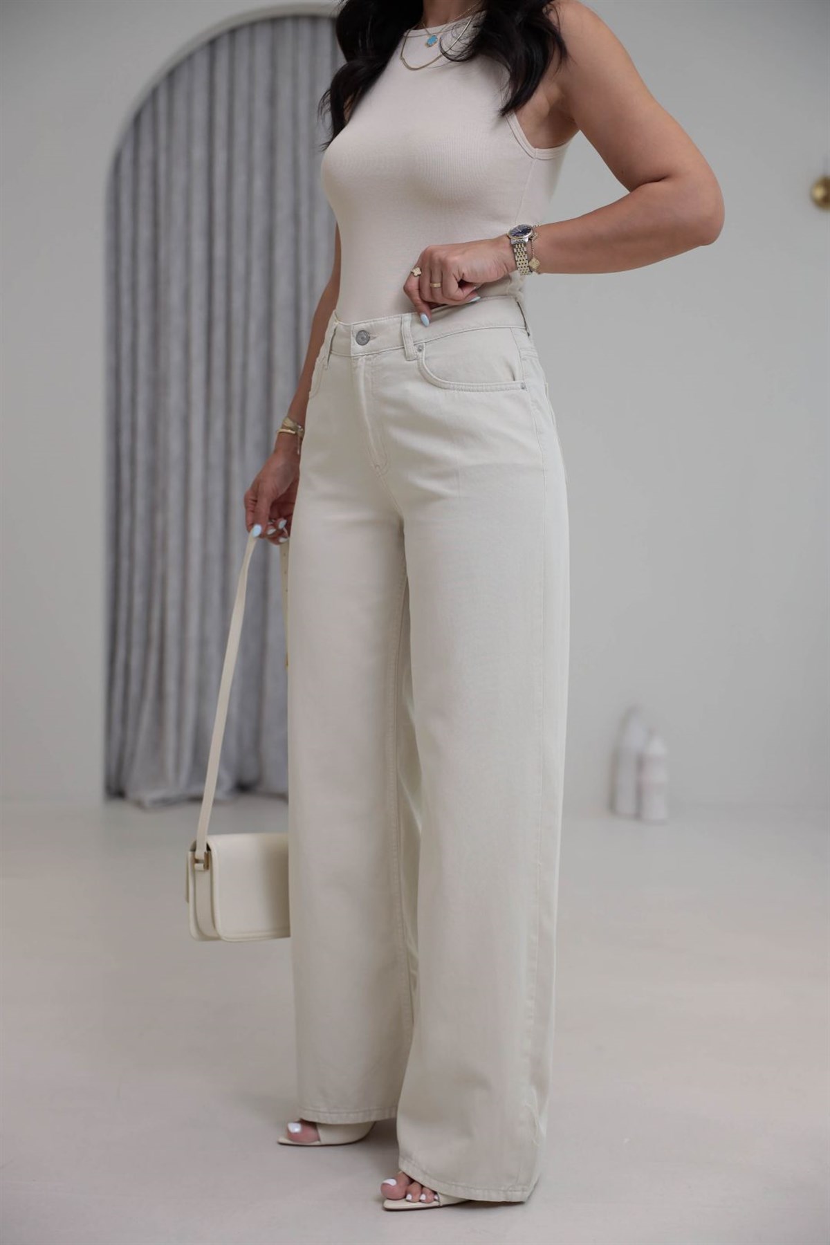 2323 Yüksek Bel Tencel Kumaş Wide Leg Pantolon KREM