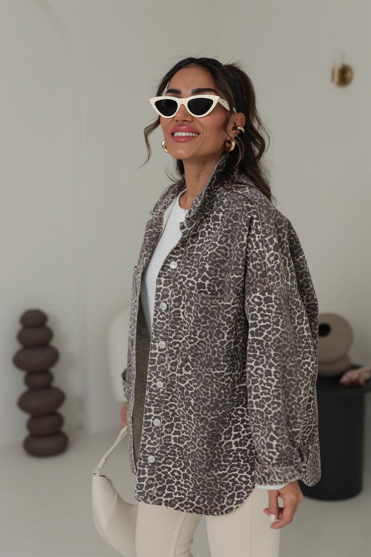 0737 Cep Detaylı Leopar Oversize Gömlek Ceket LEOPAR