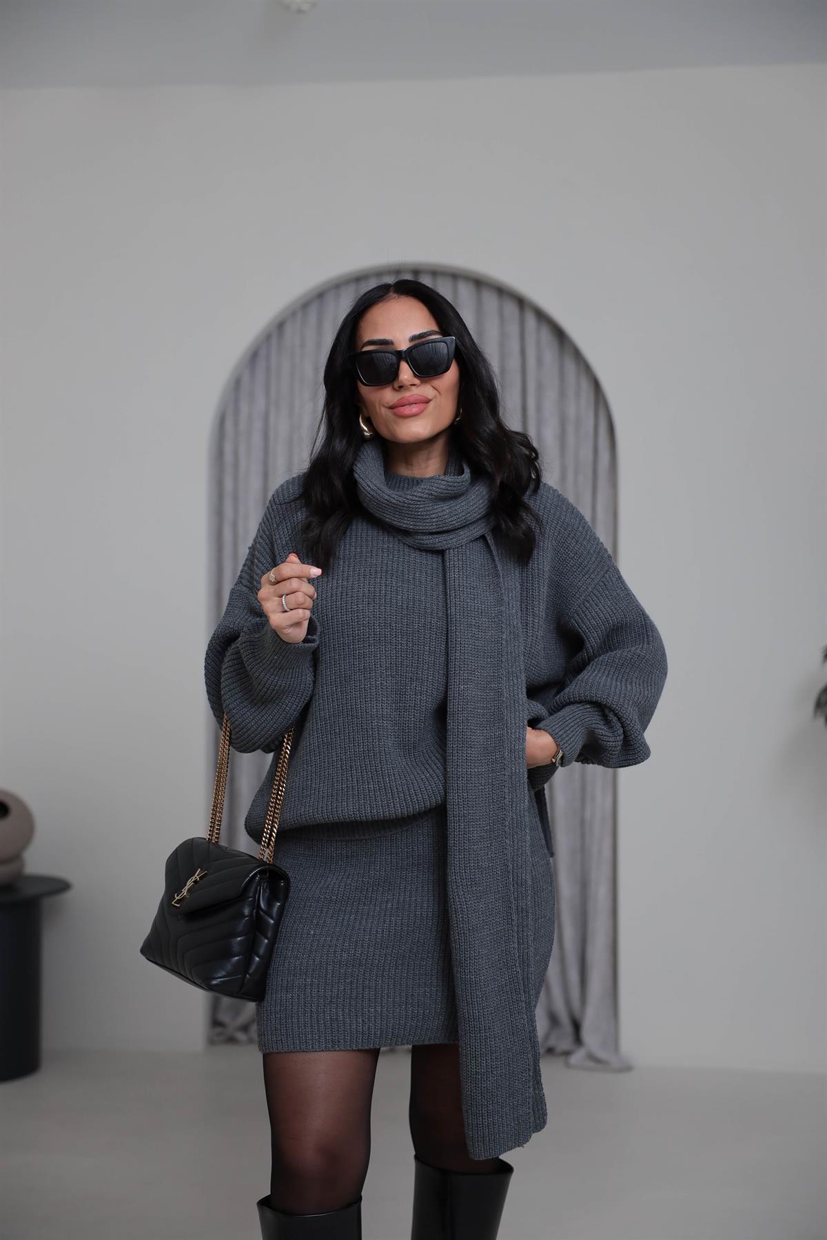 2581 Bisiklet Yaka Şal Detaylı Örgü Etek Takım KOYU GRİ