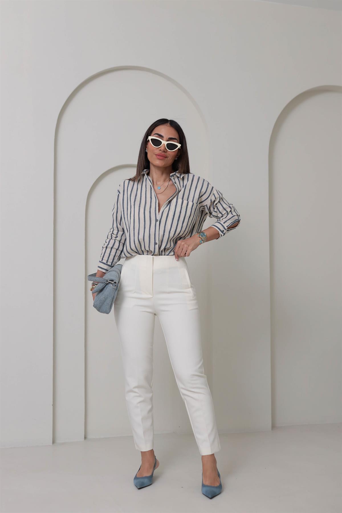 4373 Cep Detaylı Çizgili Keten Gömlek TAŞ MAVİ