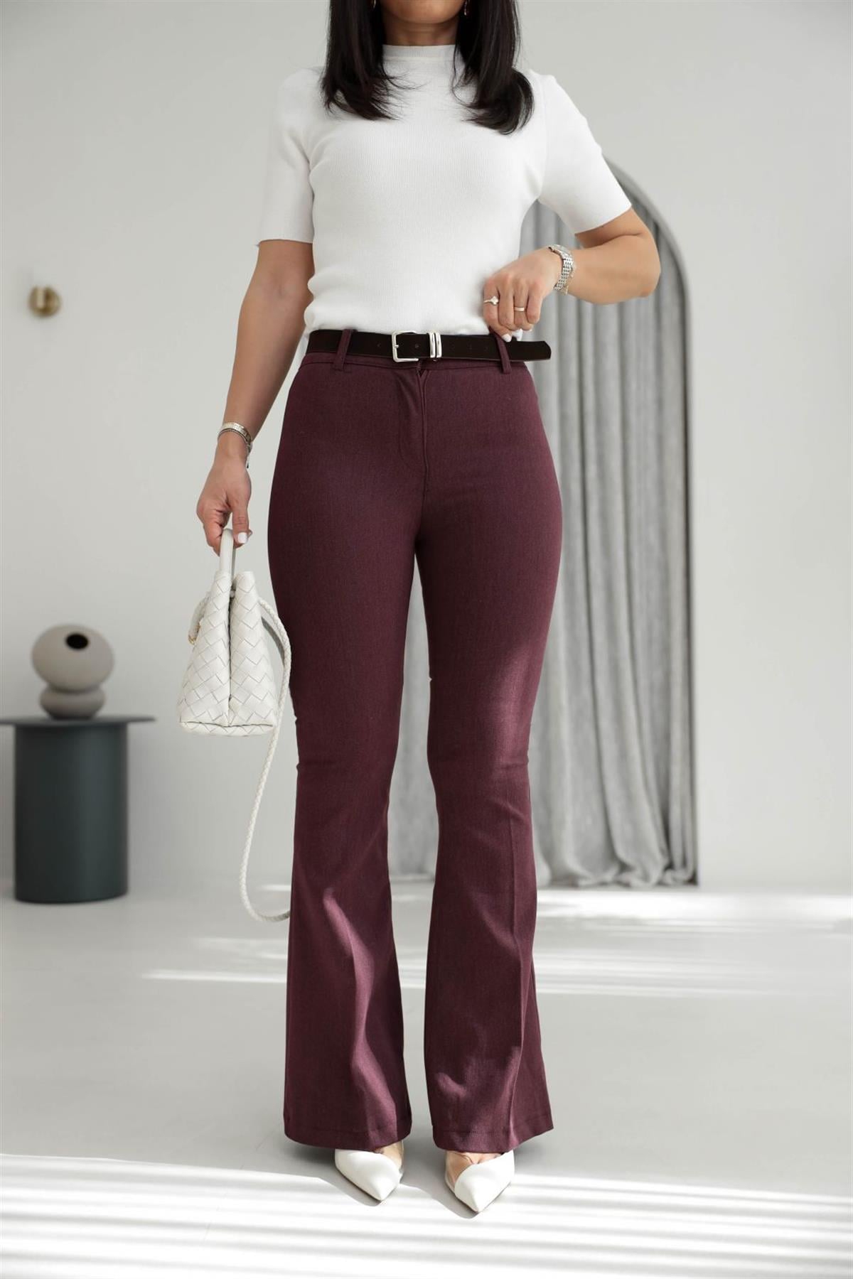 7142 Likralı Kemerli Gabardin İspanyol Pantolon BORDO