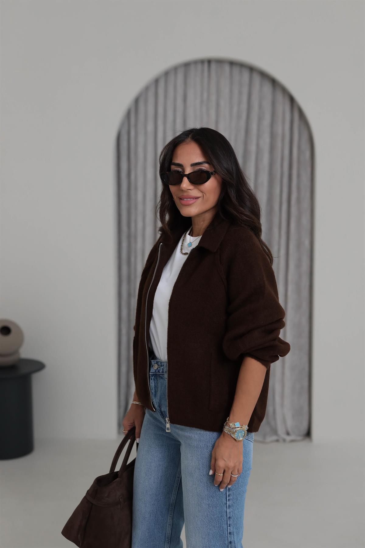 4904 Fermuar Detaylı Reglan Kol Triko Hırka KAHVE