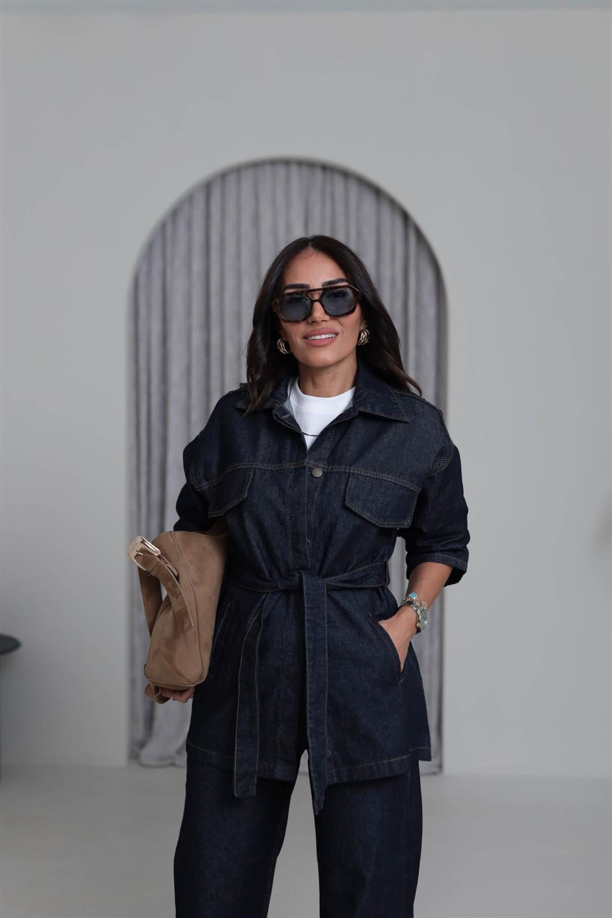 7653 Gizli Düğmeli Kuşaklı Cepli Denim Takım LACİVERT