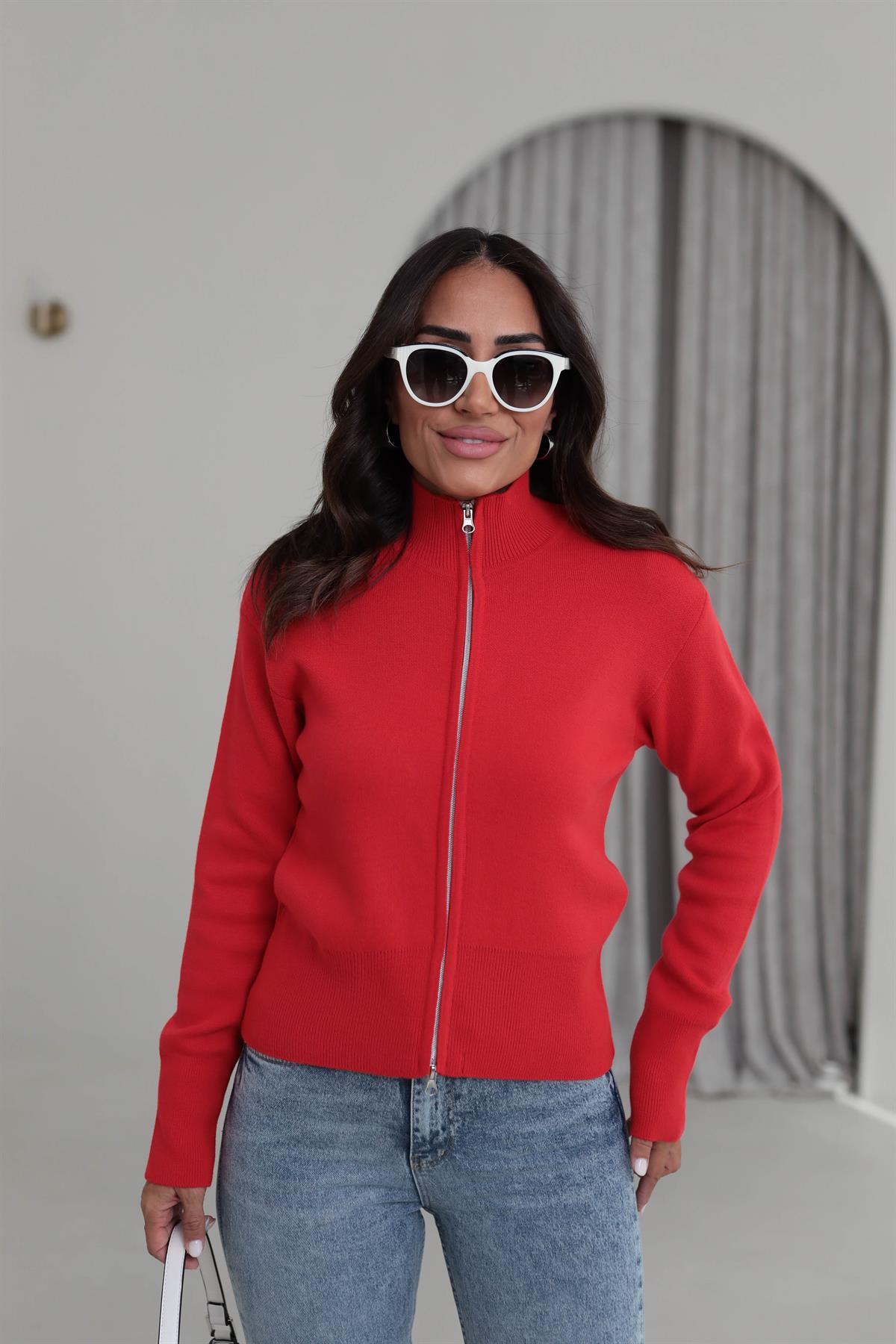 1042 Dik Yaka Çift Fermuarlı Triko Hırka KIRMIZI