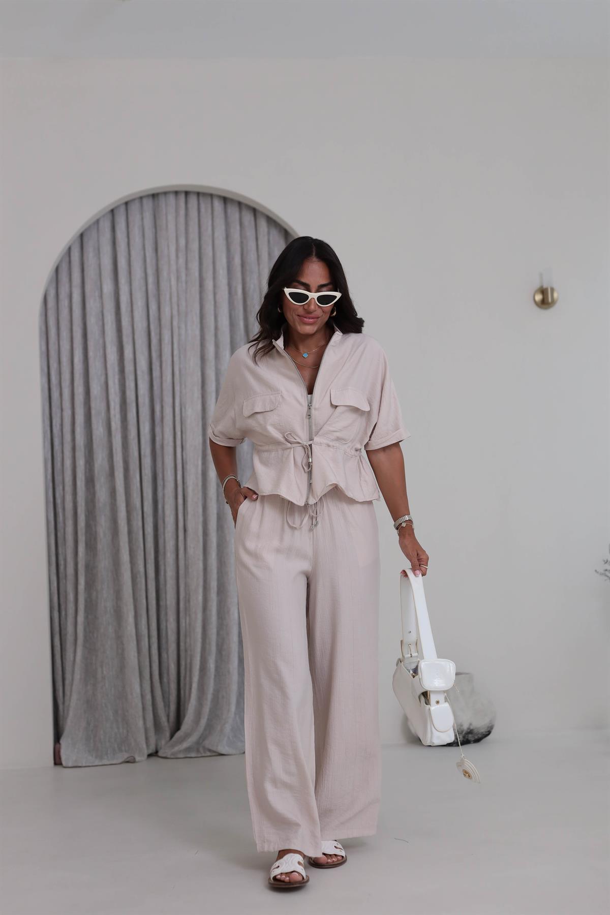 0343 Cep Kapaklı Bel Büzgülü Gömlek & Pantolon Takım VİZON