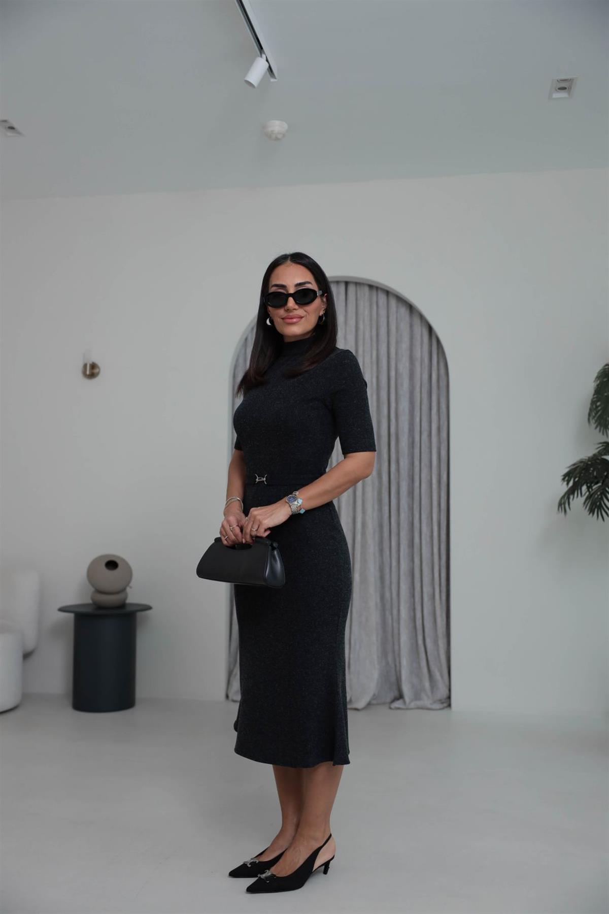 7297 Kemerli Yumuşak Dokulu Elbise ANTRASİT