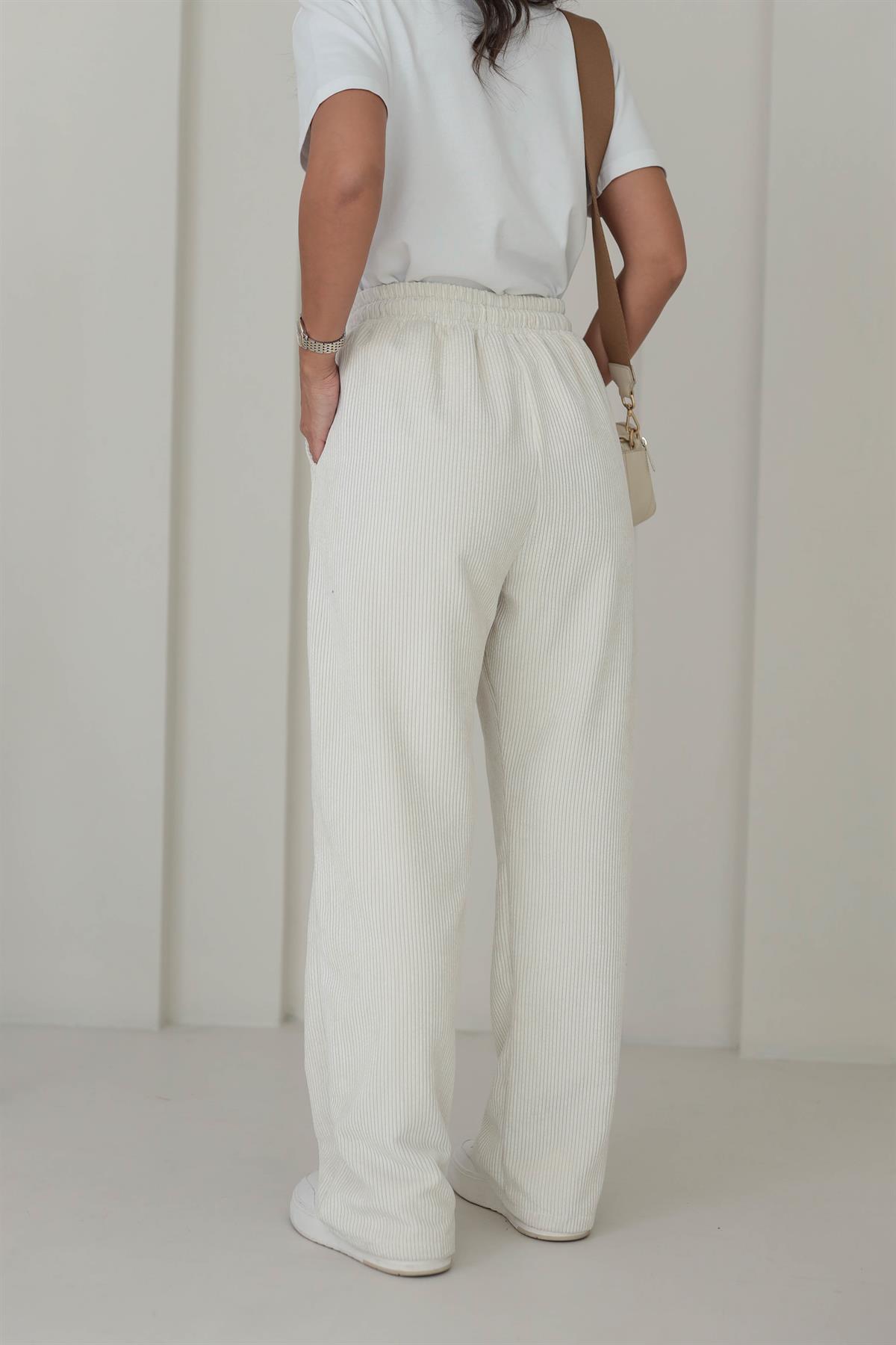 1211 Bol Kalıp Bel Lastikli Kadife Pantolon EKRU