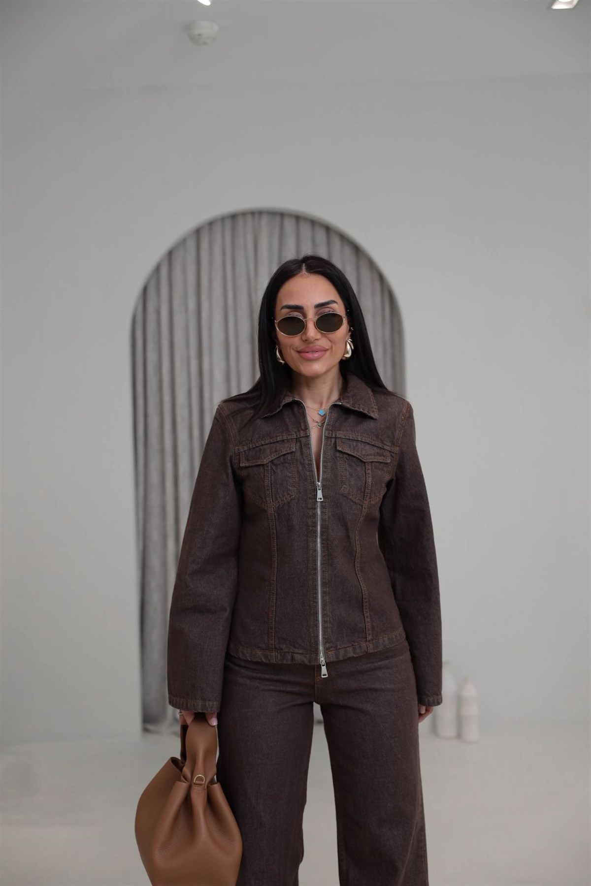 0966 Çift Yön Fermuarlı Denim Ceket Pantolon Takım KAHVE