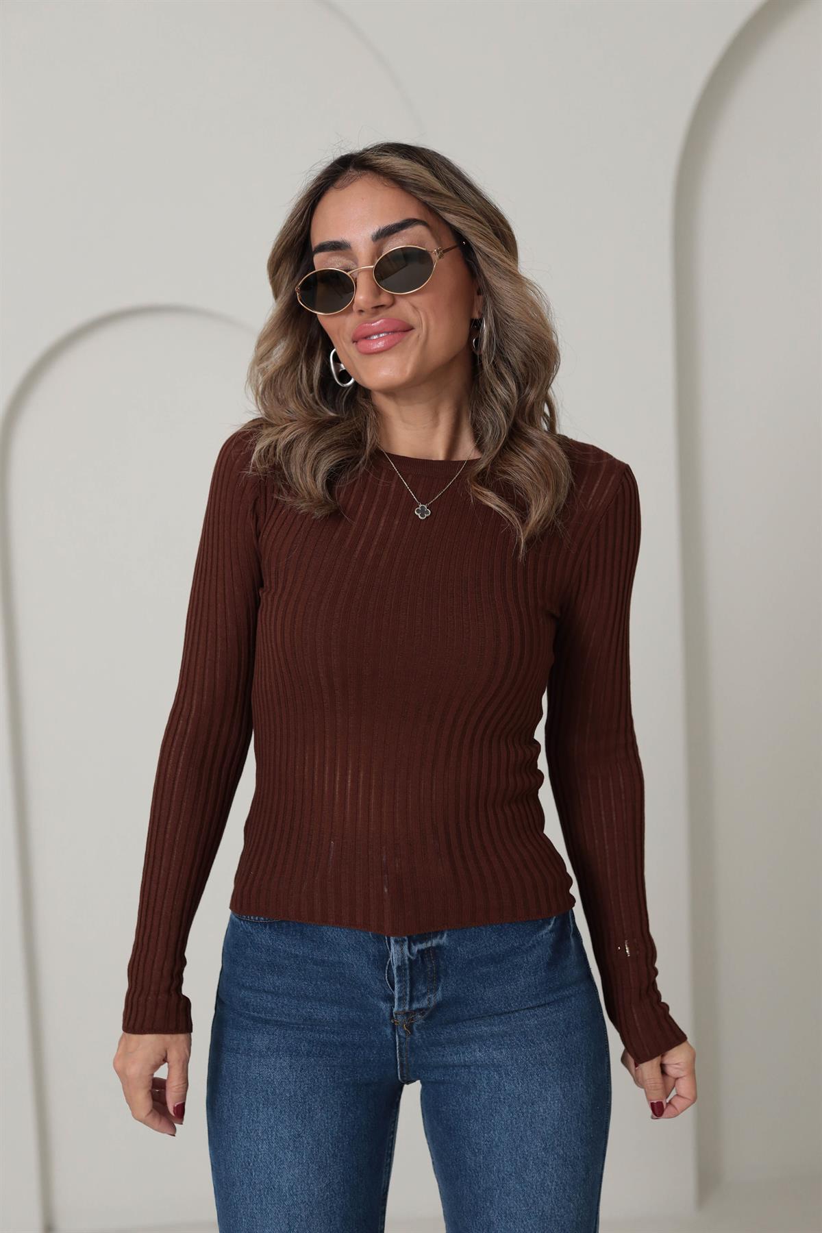4107 Transparan Detaylı Triko Bluz KAHVE