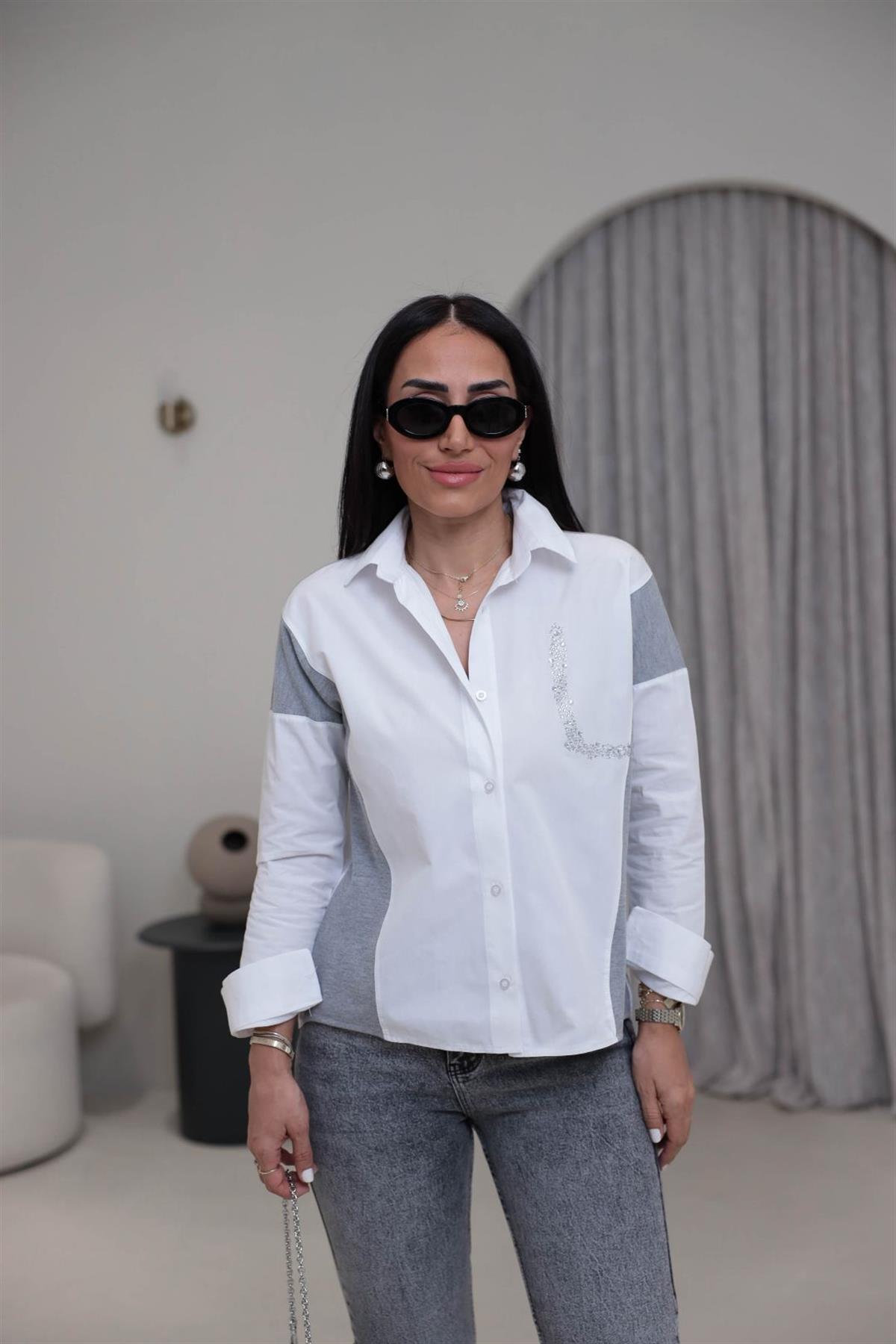 Triko Garnili Taş Detaylı Poplin Gömlek BEYAZ