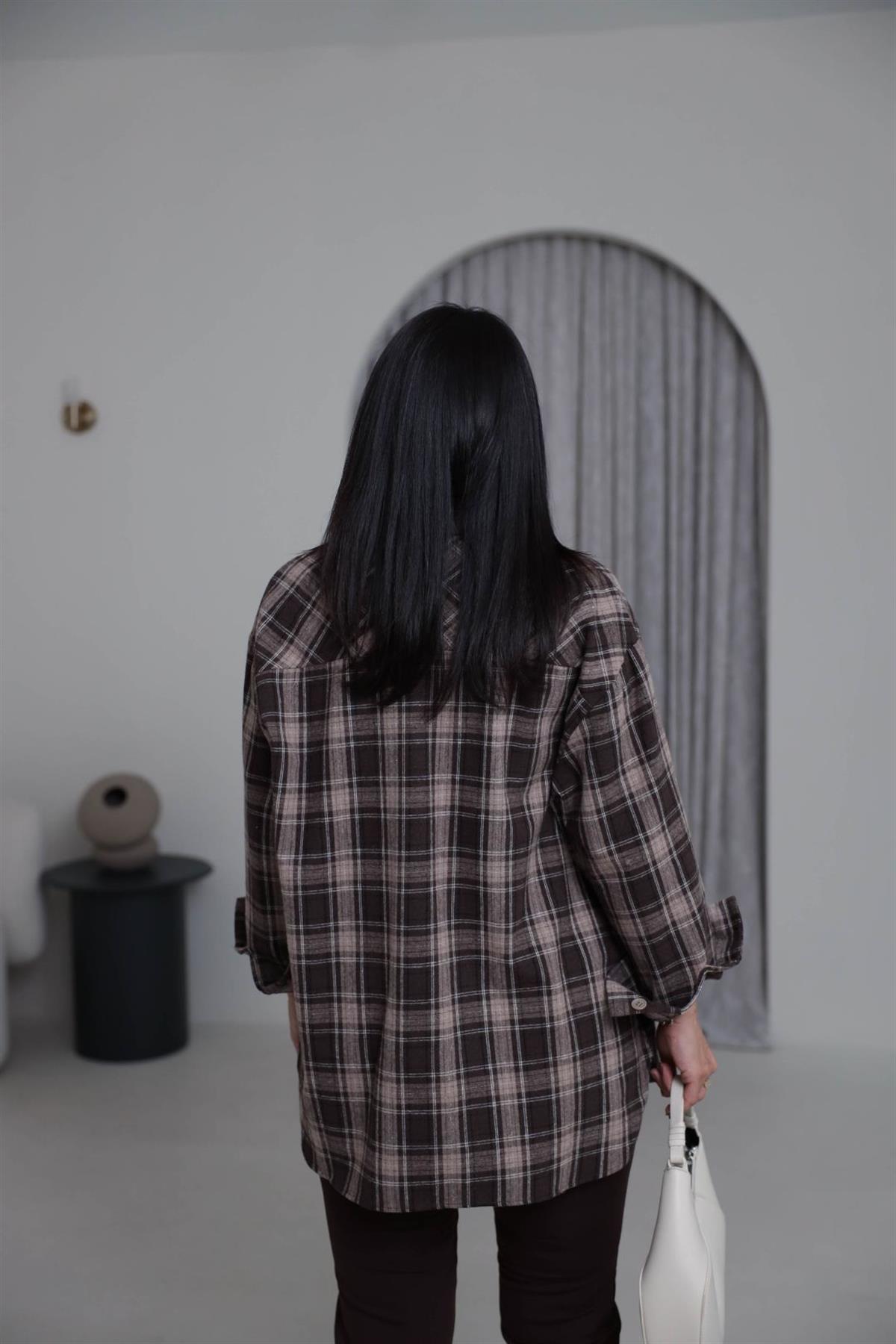 513 Ekose Desen Yünlü Rahat Gömlek KAHVE