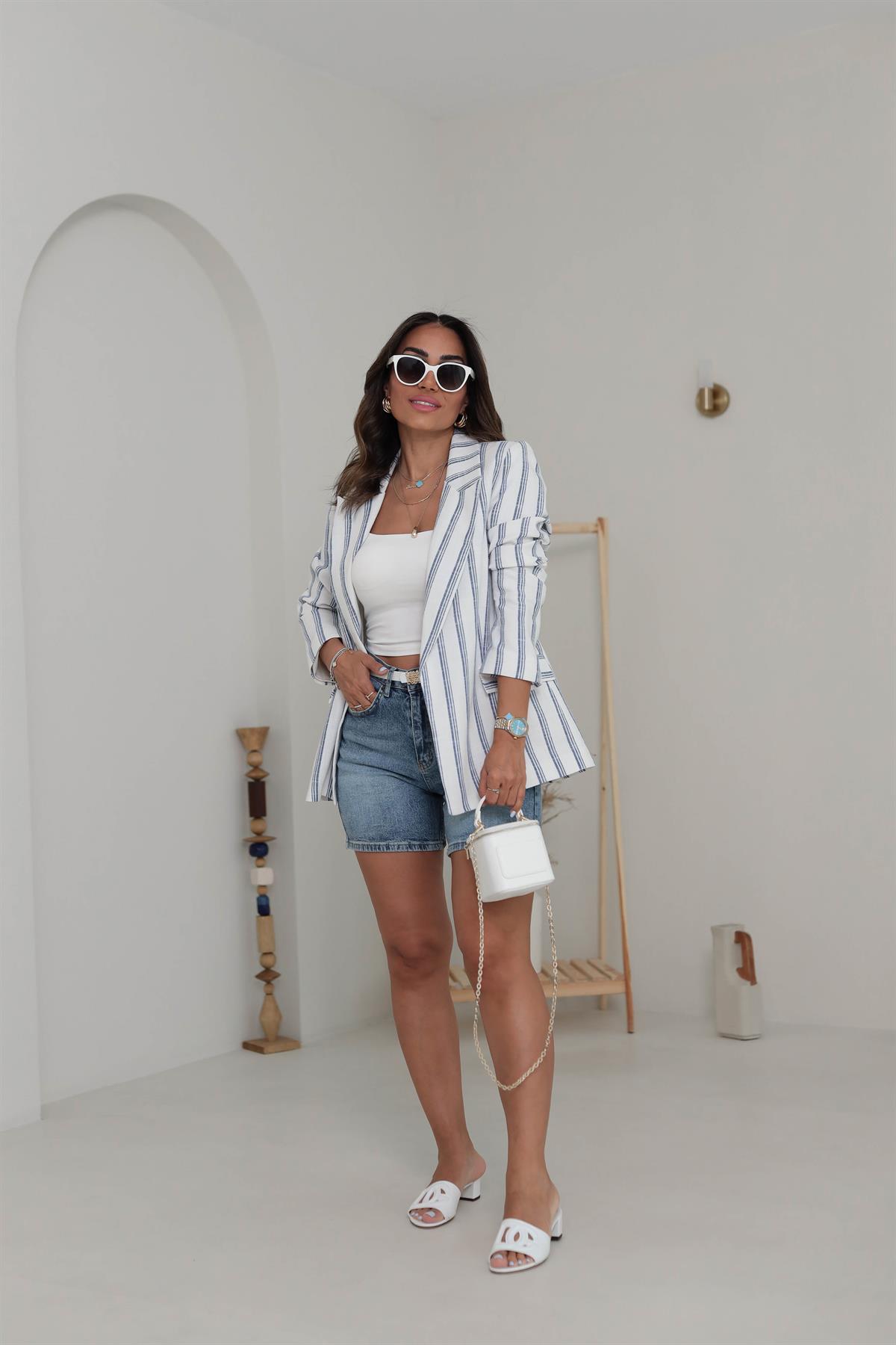 9424 Çizgili Keten Blazer Ceket MAVİ