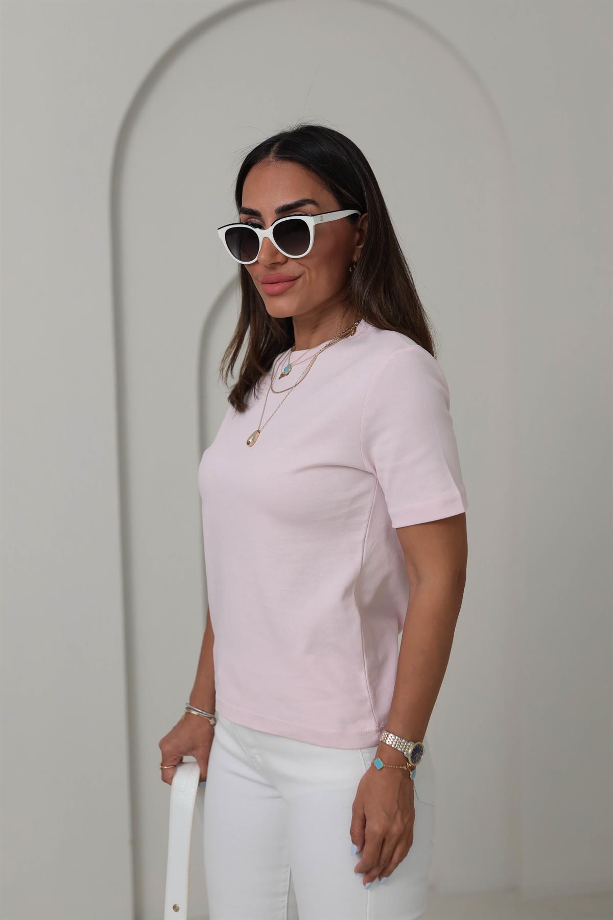 1075 Bisiklet Yaka Pamuklu Basic Tshirt PUDRA