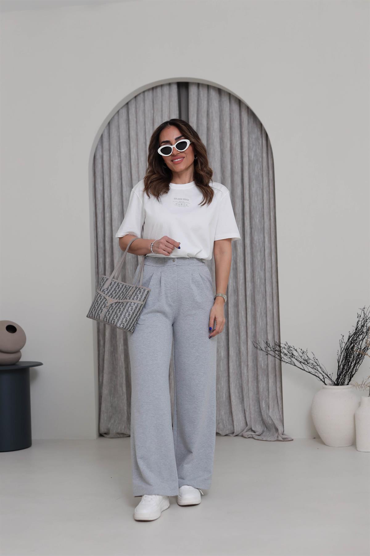 5740 Yüksek Bel Örme Palazzo Pantolon GRİ MELANJ