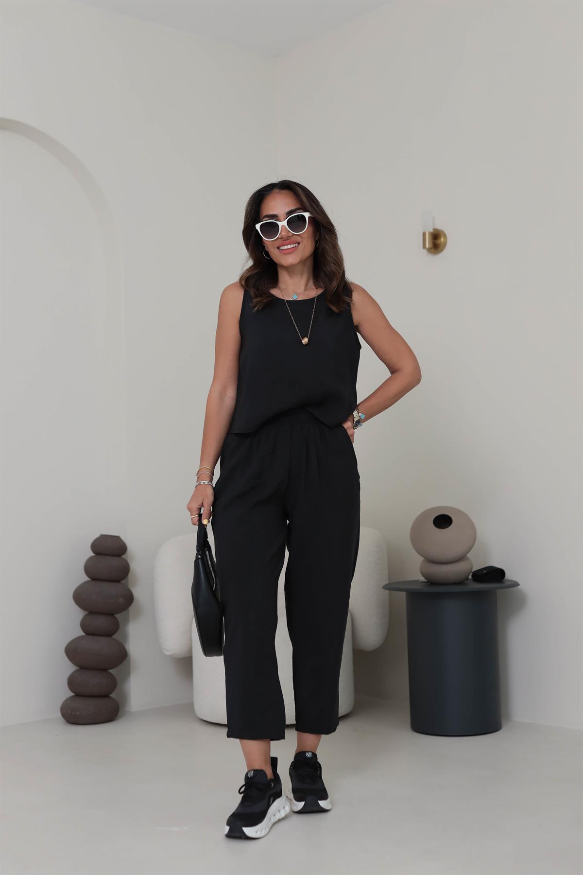 3089 Tencel Kumaş Kolsuz Takım SİYAH