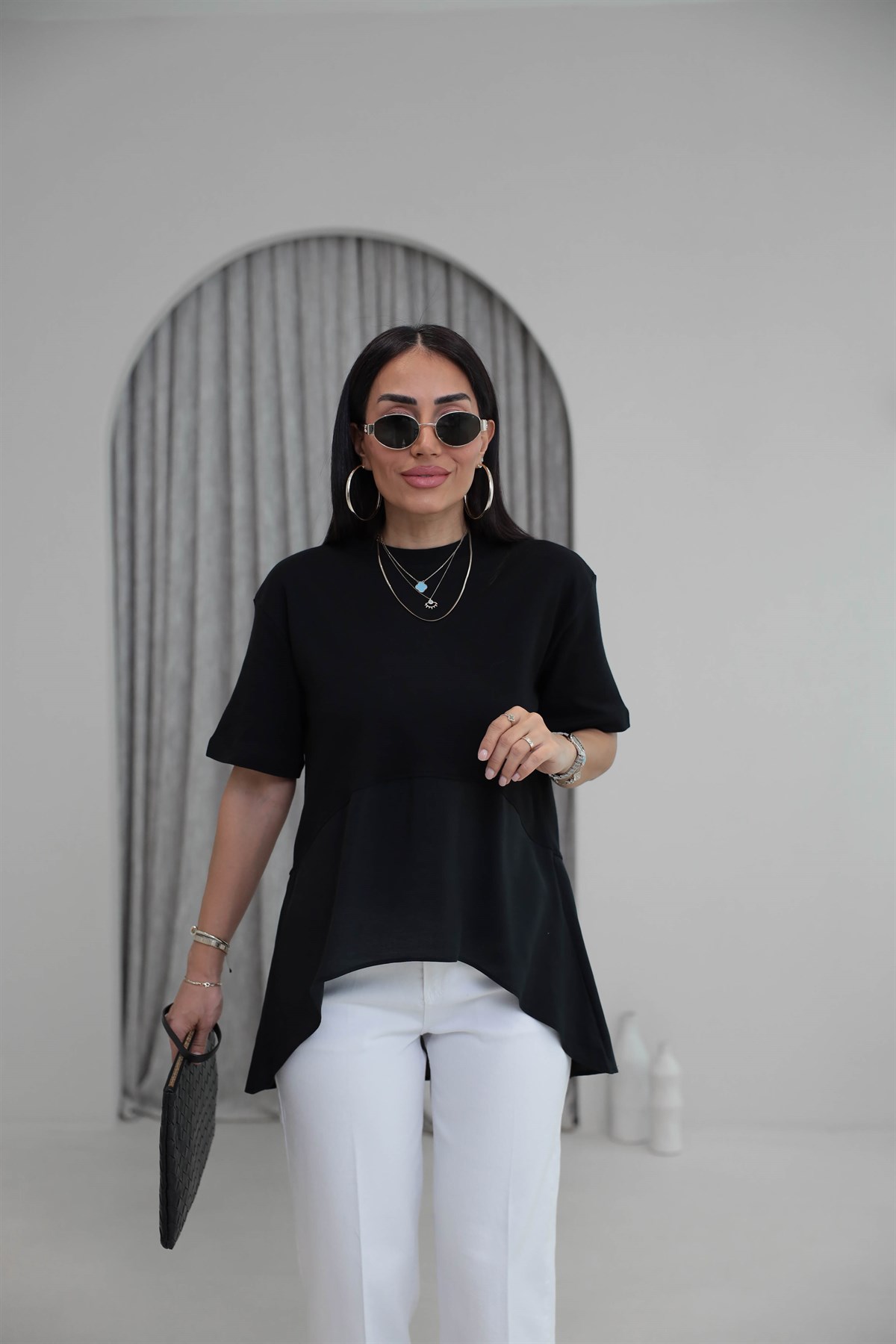 8204 Bisiklet Yaka Tencel Garnili Dökümlü Tshirt SİYAH