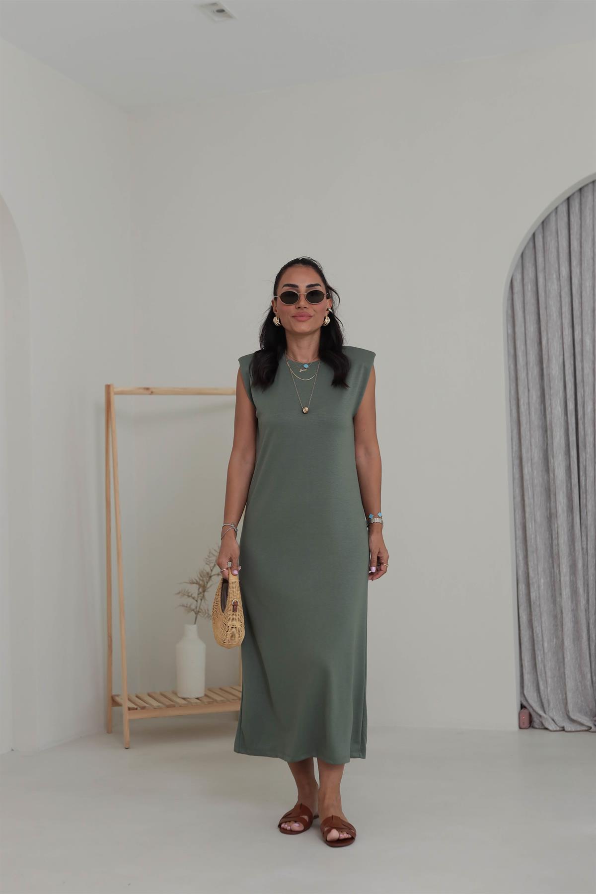 3316 Bisiklet Yaka Vatkalı Penye Modal Elbise HAKİ YEŞİL