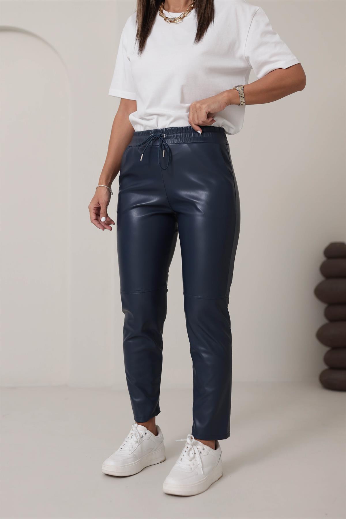 2022 Beli Lastikli Çimalı Deri Pantolon LACİVERT