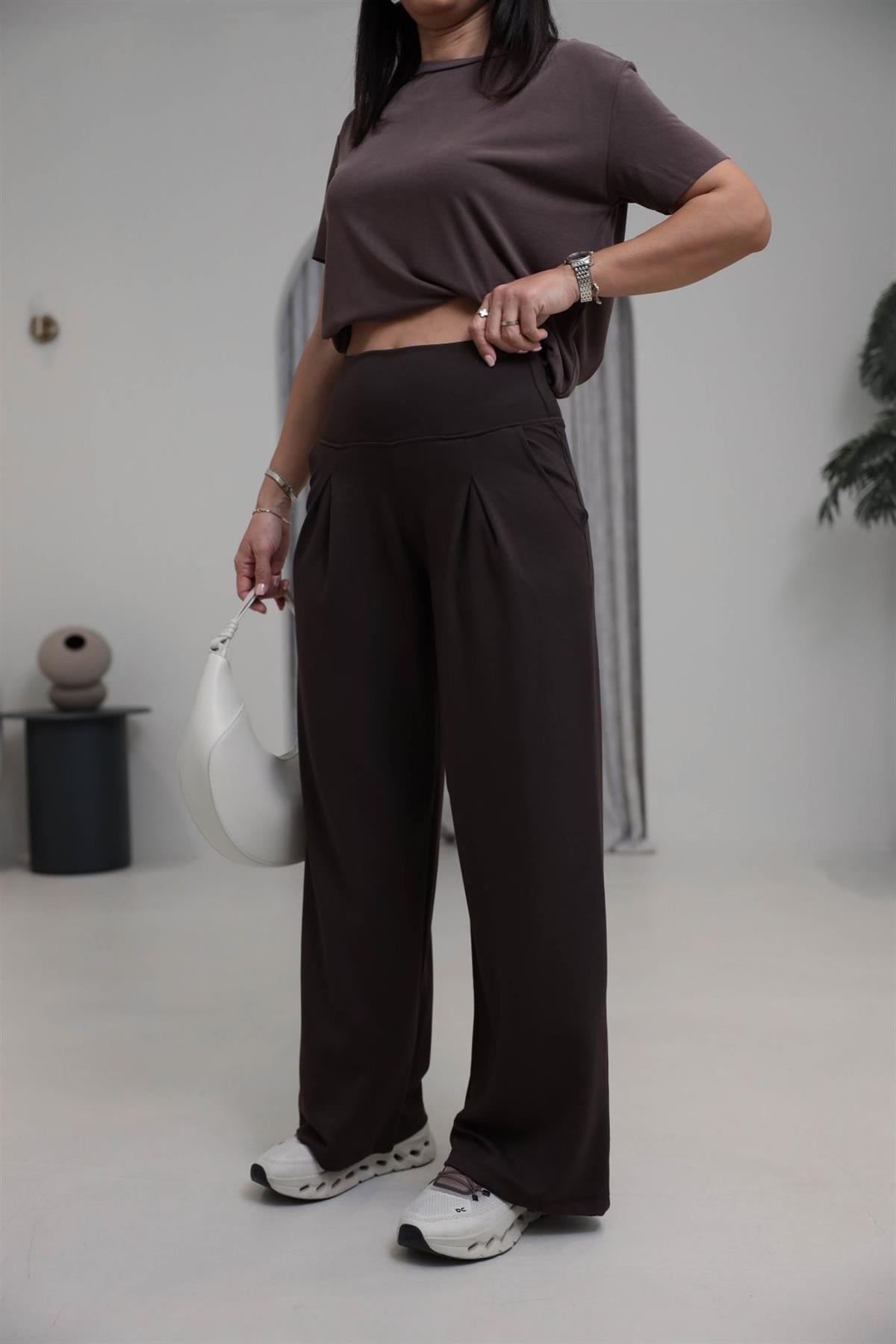 1202 Lulu Geniş Kemerli Piliseli Modal Pantolon KAHVE