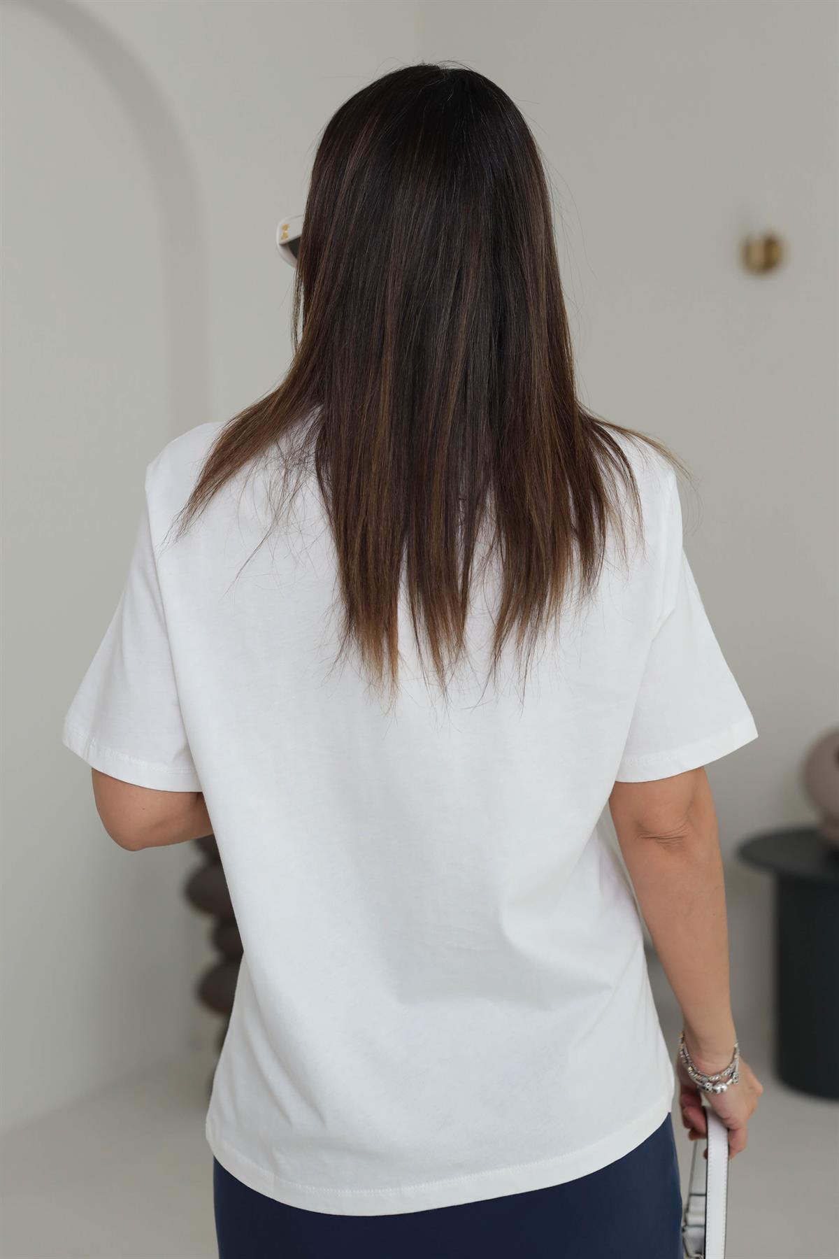 7115 Aslan Baskılı Pamuklu Tshirt EKRU