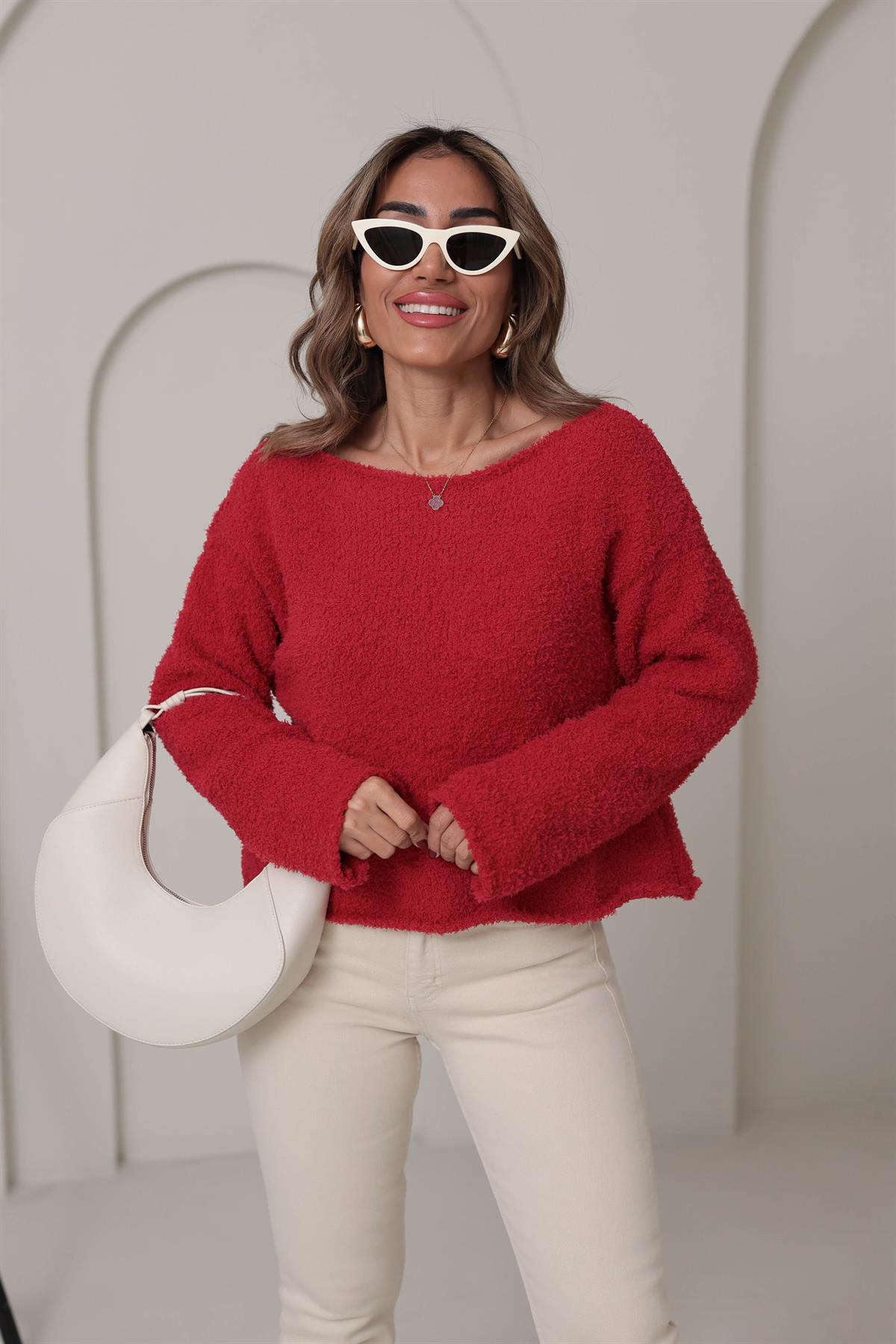 4535 Kayık Yaka Yumoş Kazak KIRMIZI