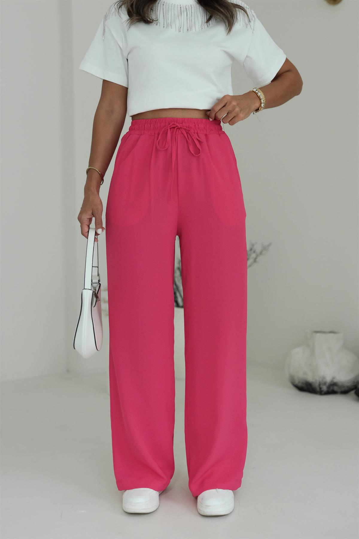 8779 Beli Lastikli Bol Paça Pantolon FUŞYA