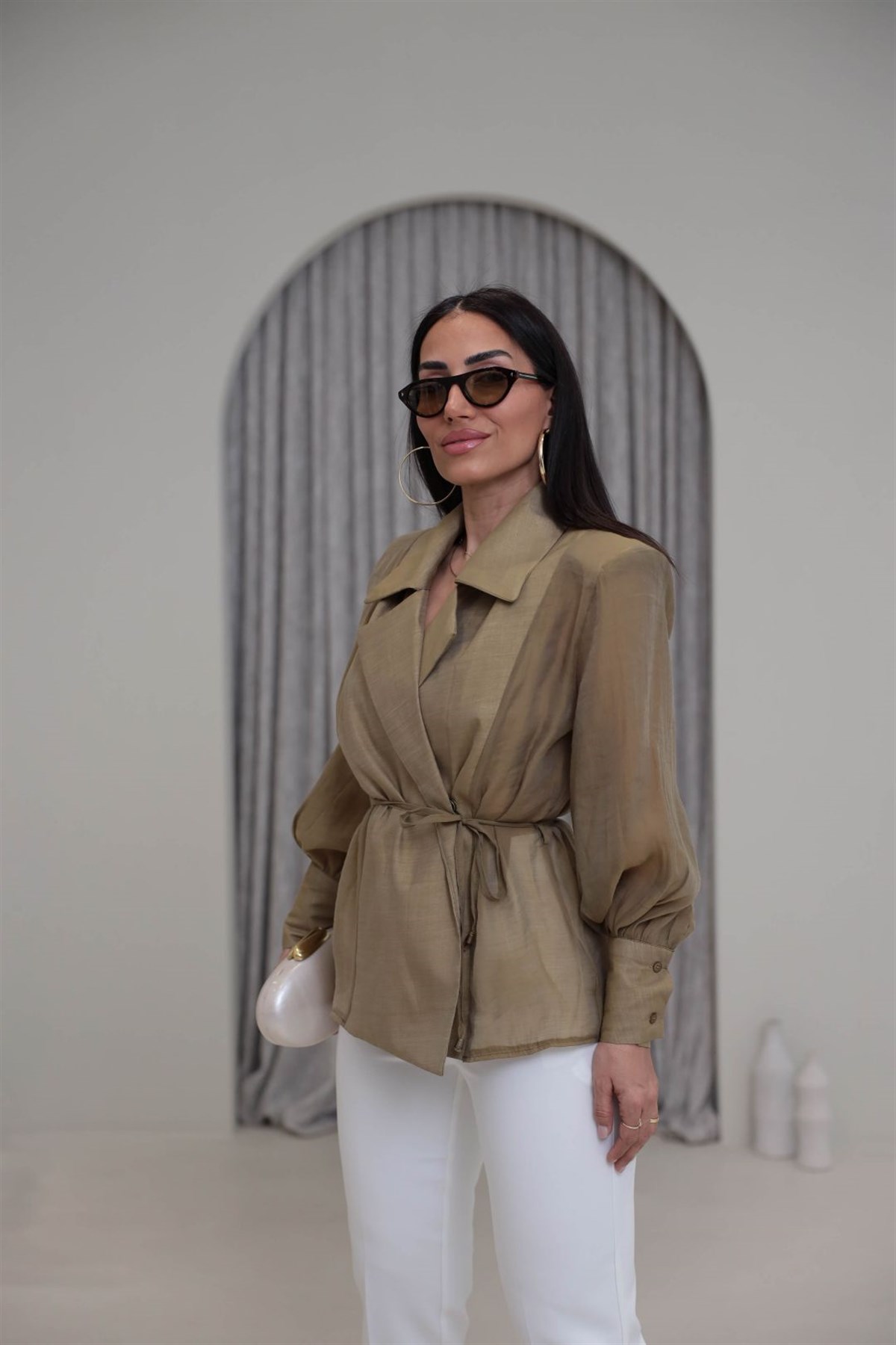 5029 Kruvaze Vatkalı Bağcıklı Tencel Gömlek OLİVE