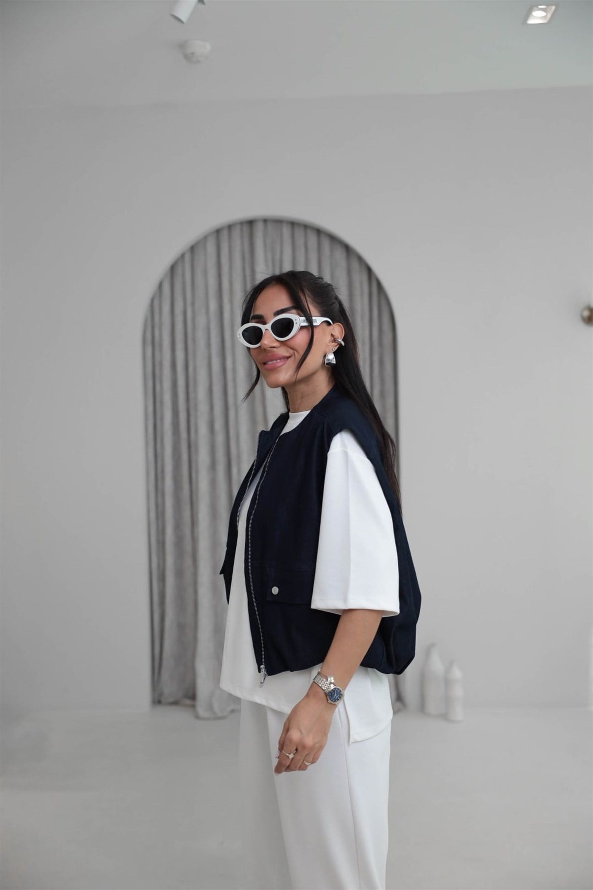 8492 Önden Fermuarlı Sıfır Kol Denim Yelek LACİVERT