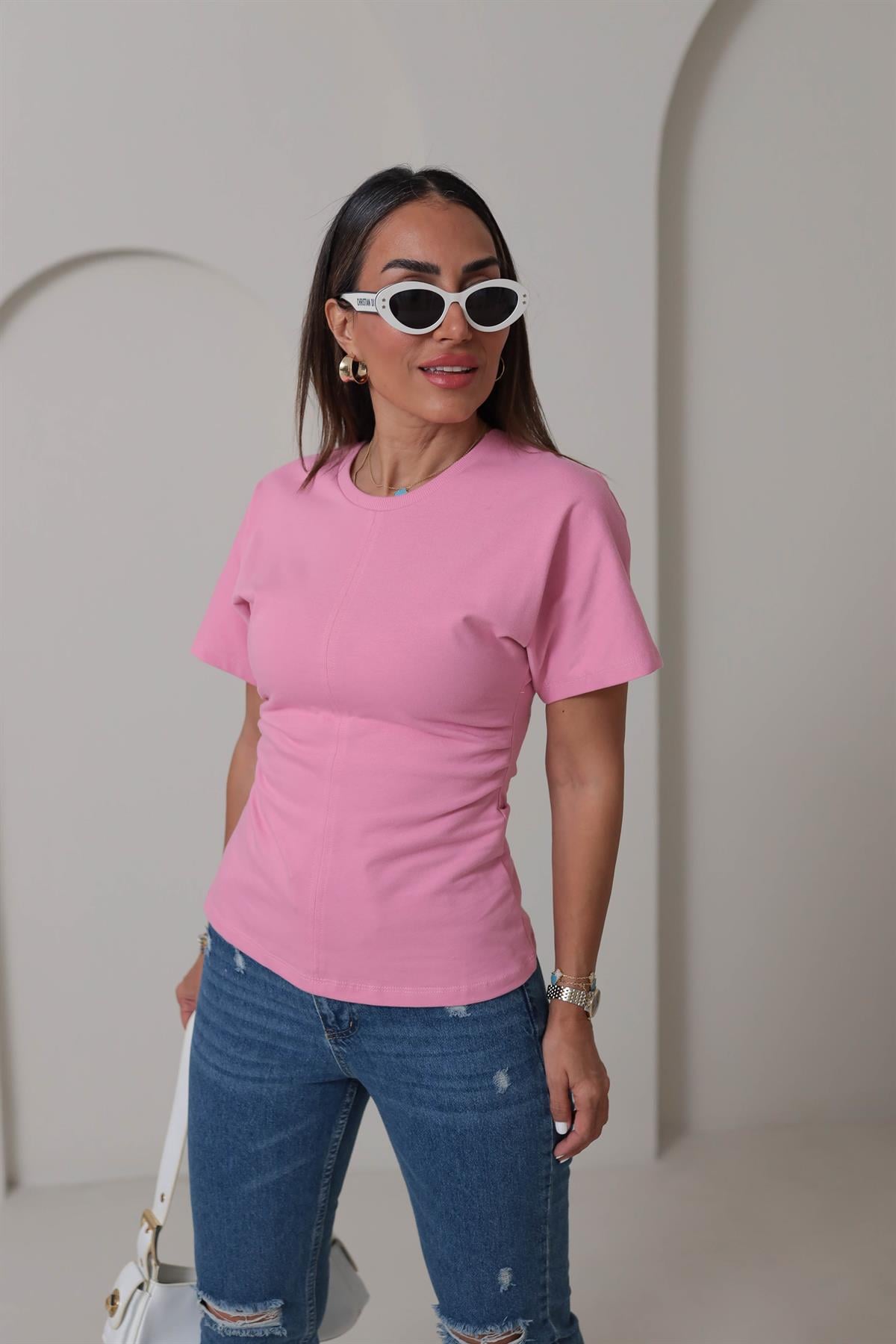 1585 Drape Detay Pamuklu Tshirt PEMBE