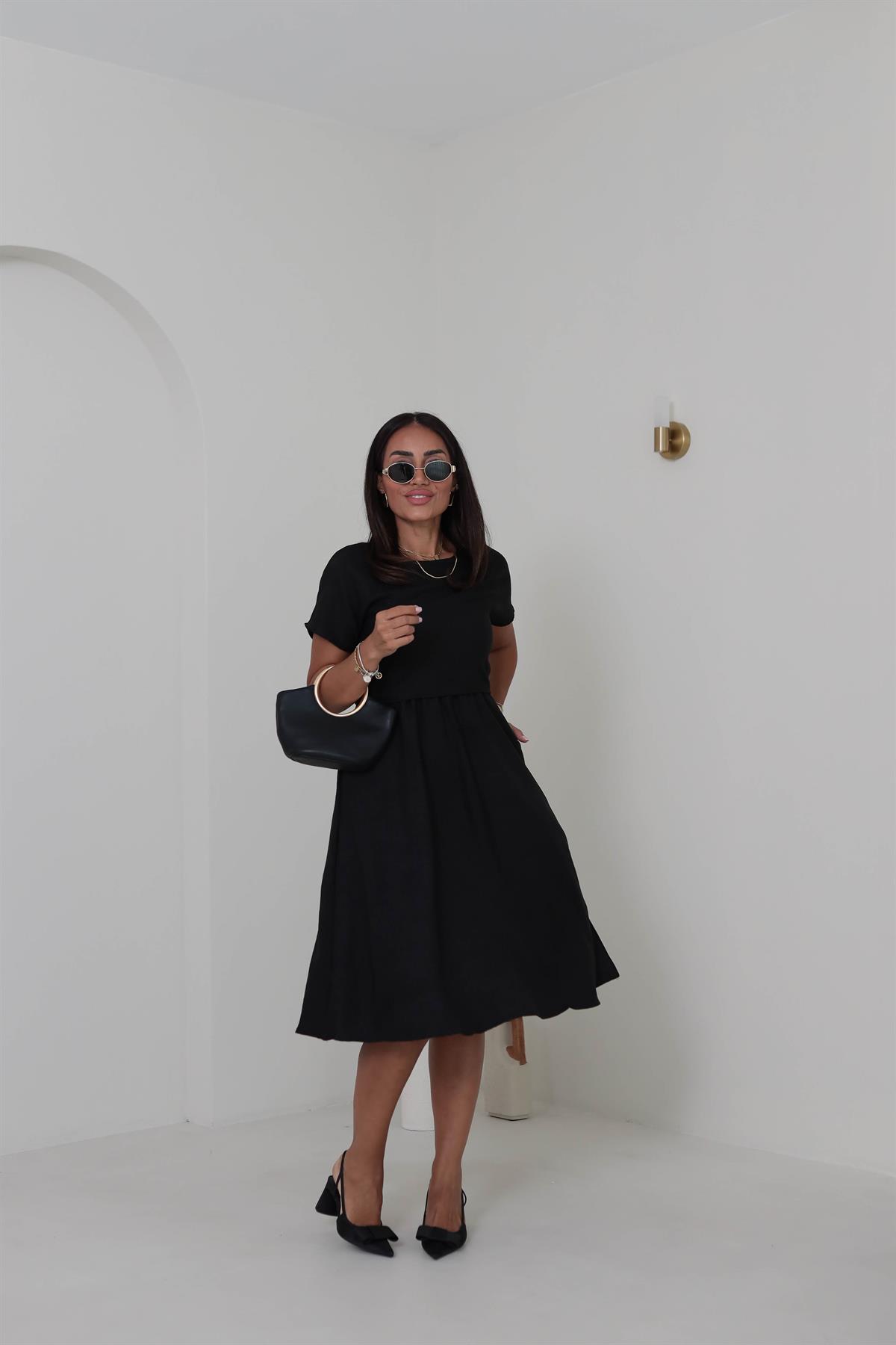 3760 Bluz Detaylı Bel Büzgülü Elbise SİYAH
