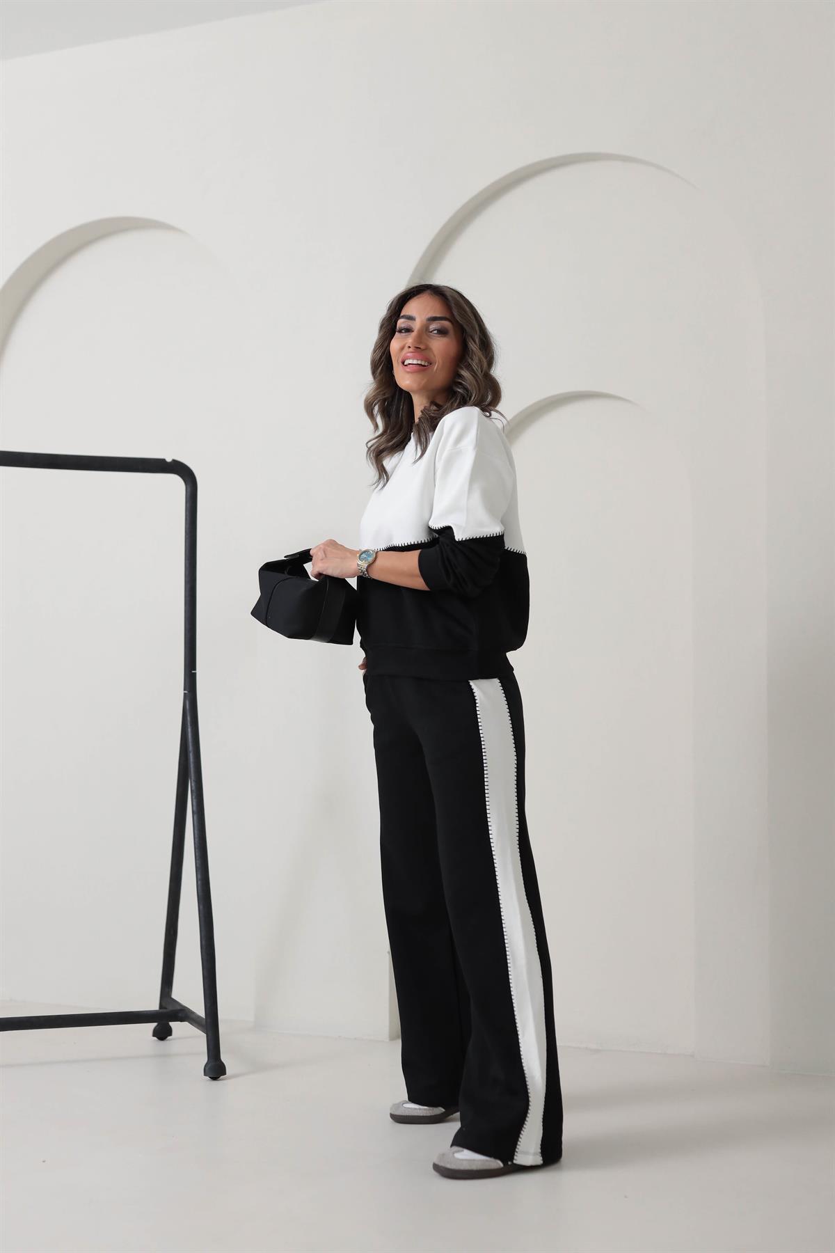 6798 Kroşeteli Üç İplik Eşofman Takımı SİYAHBEYAZ