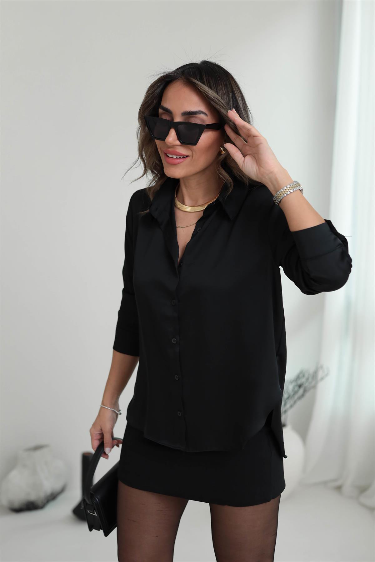 4156 Düz Saten Gömlek SİYAH