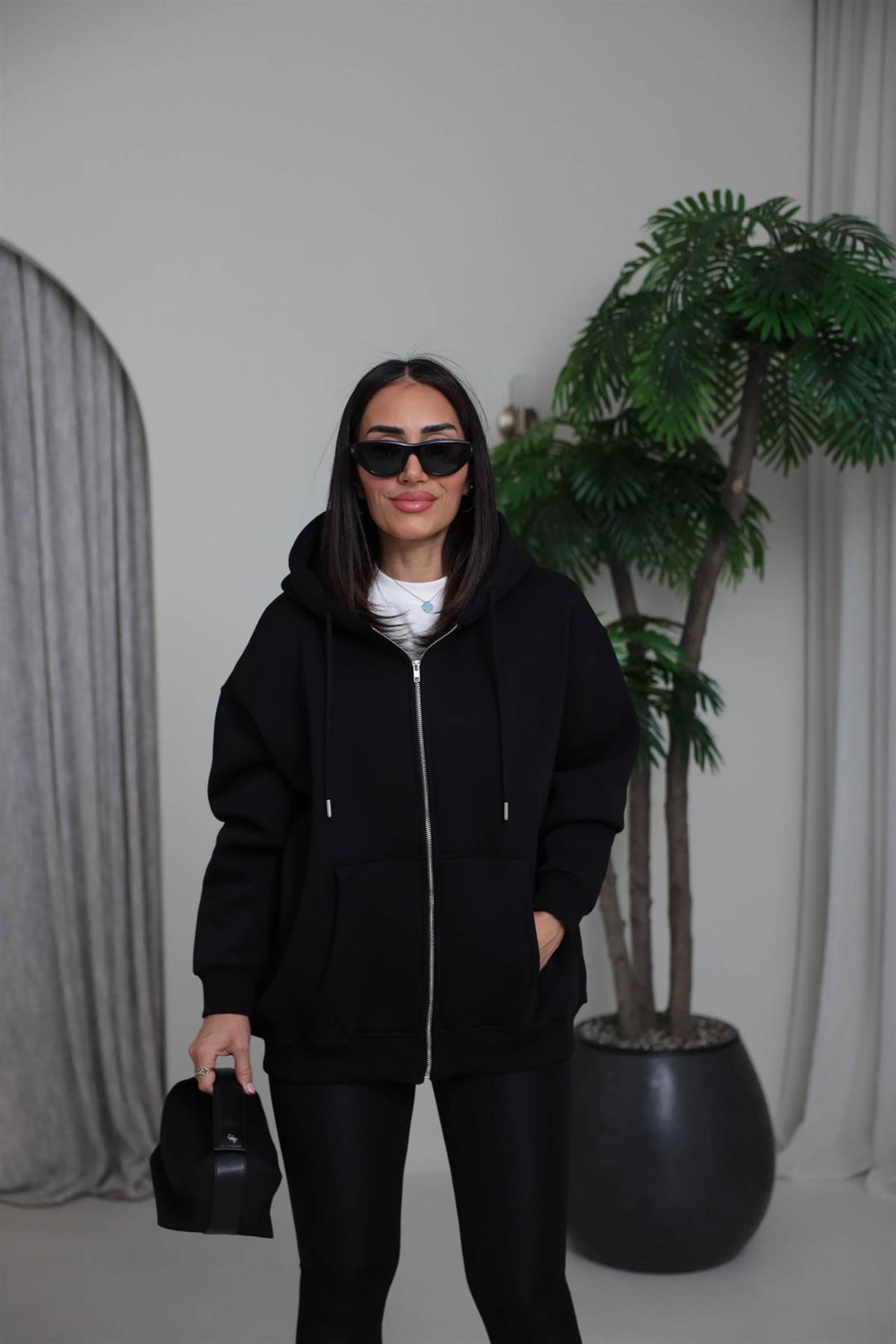 1003 3 İplik Şardonlu Kapşonlu Fermuarlı Ceket SİYAH