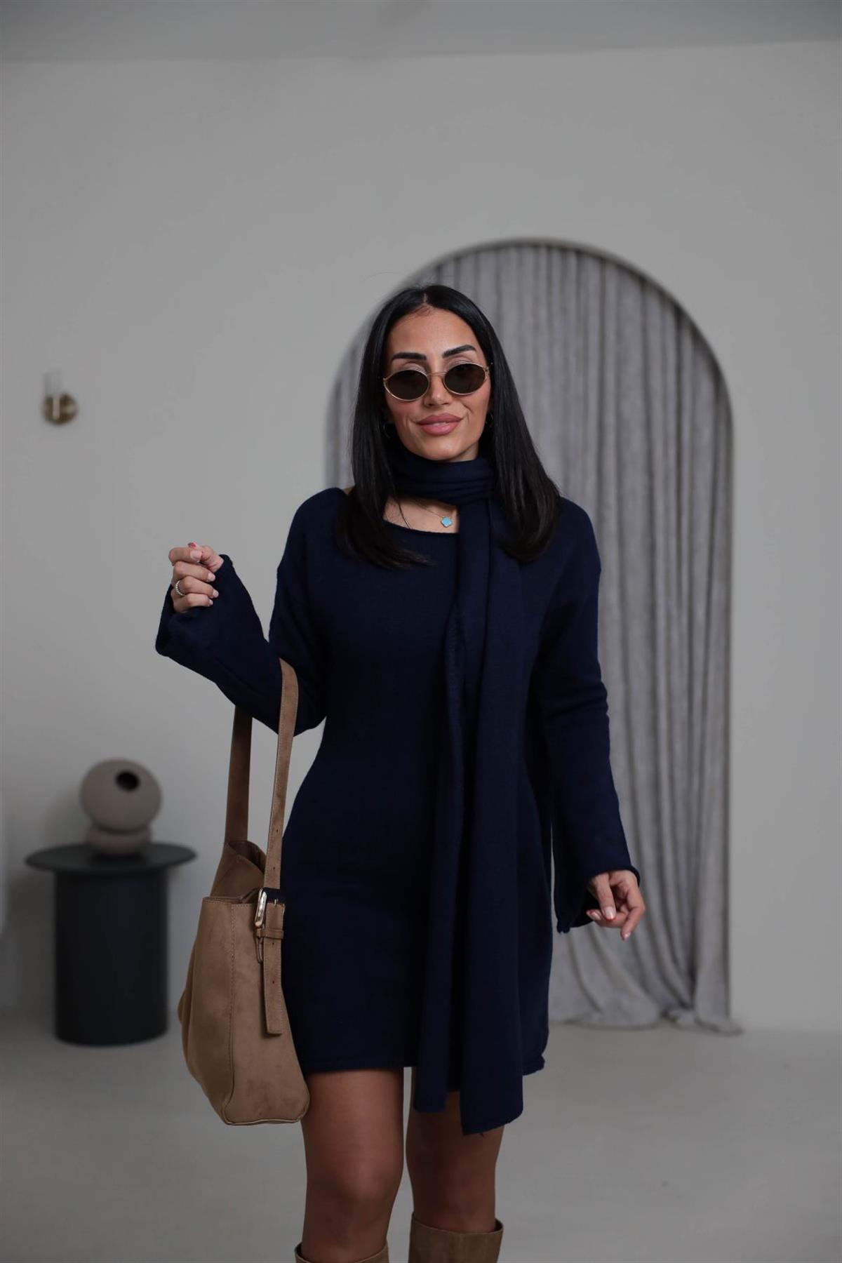 5251 Kayık Yaka Şallı Tunik LACİVERT