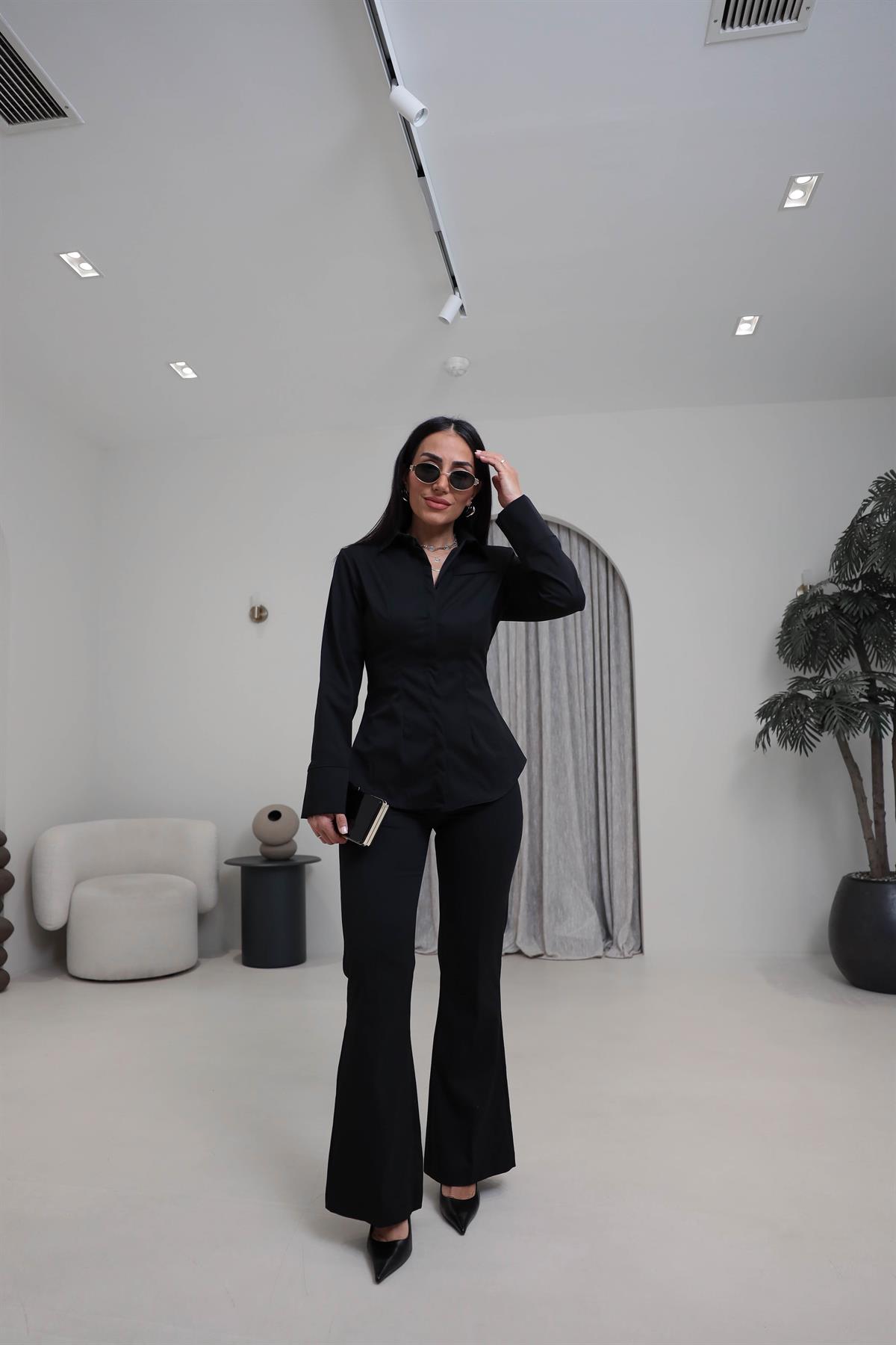 0830 Vatkalı ve Cep Detaylı Gömlek Pantolon Takım SİYAH