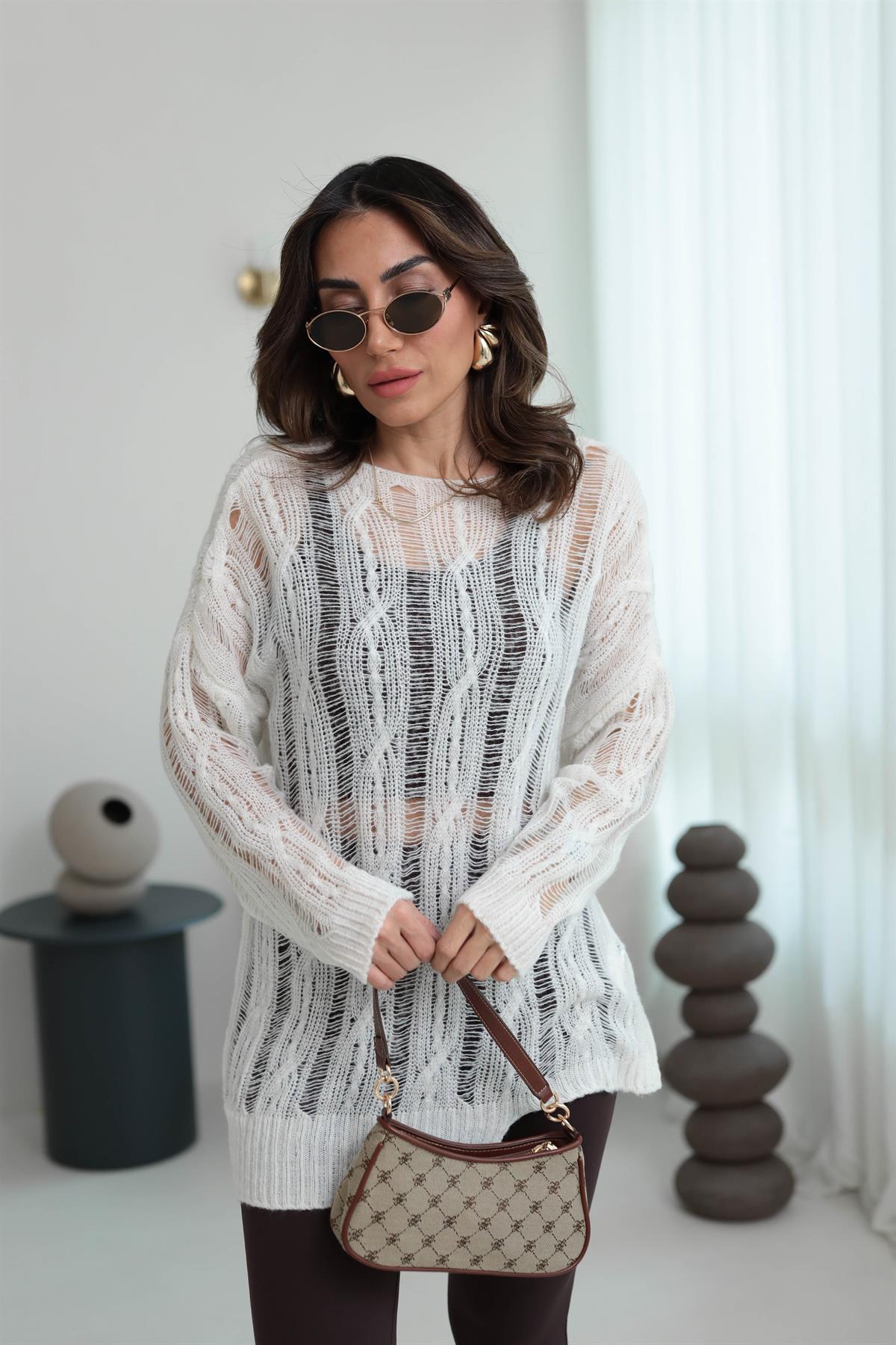 4134 Saç Örgülü Ajurlu Triko EKRU