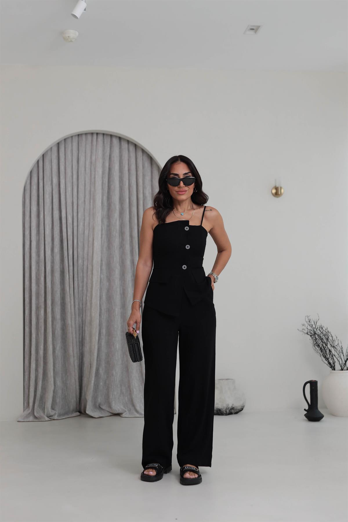 0288 Askıları Ayarlanabilir Tencel Keten Yelek & Pantolon Takım SİYAH
