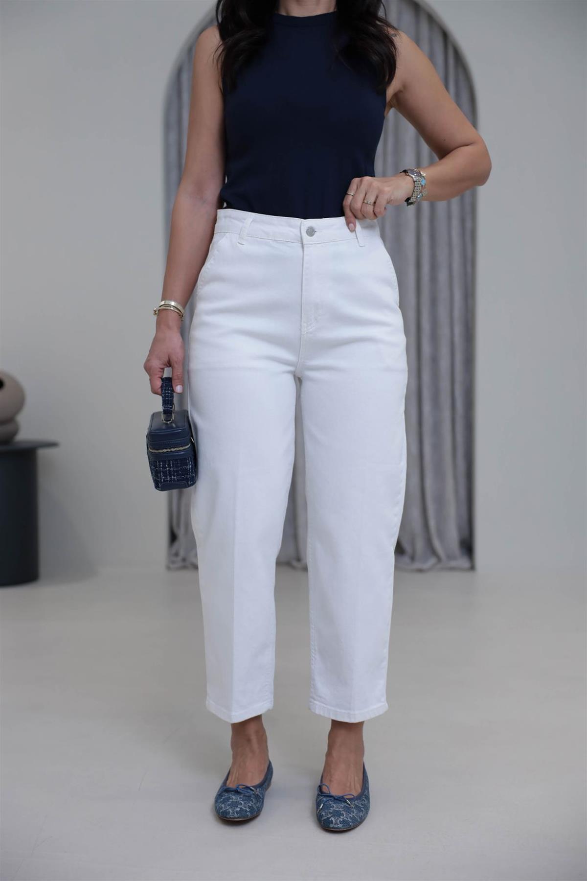 3001 Yüksek Bel Likralı Slouchy Jean BEYAZ