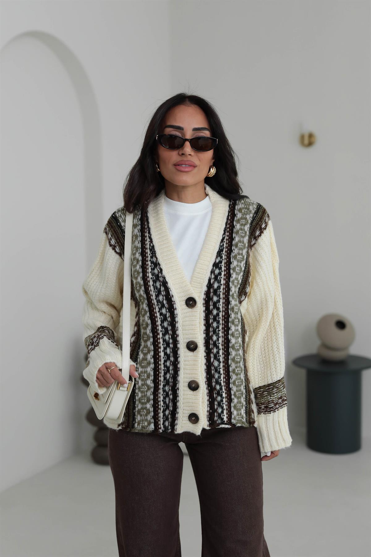 5057 Retro Nordic Triko Hırka EKRU