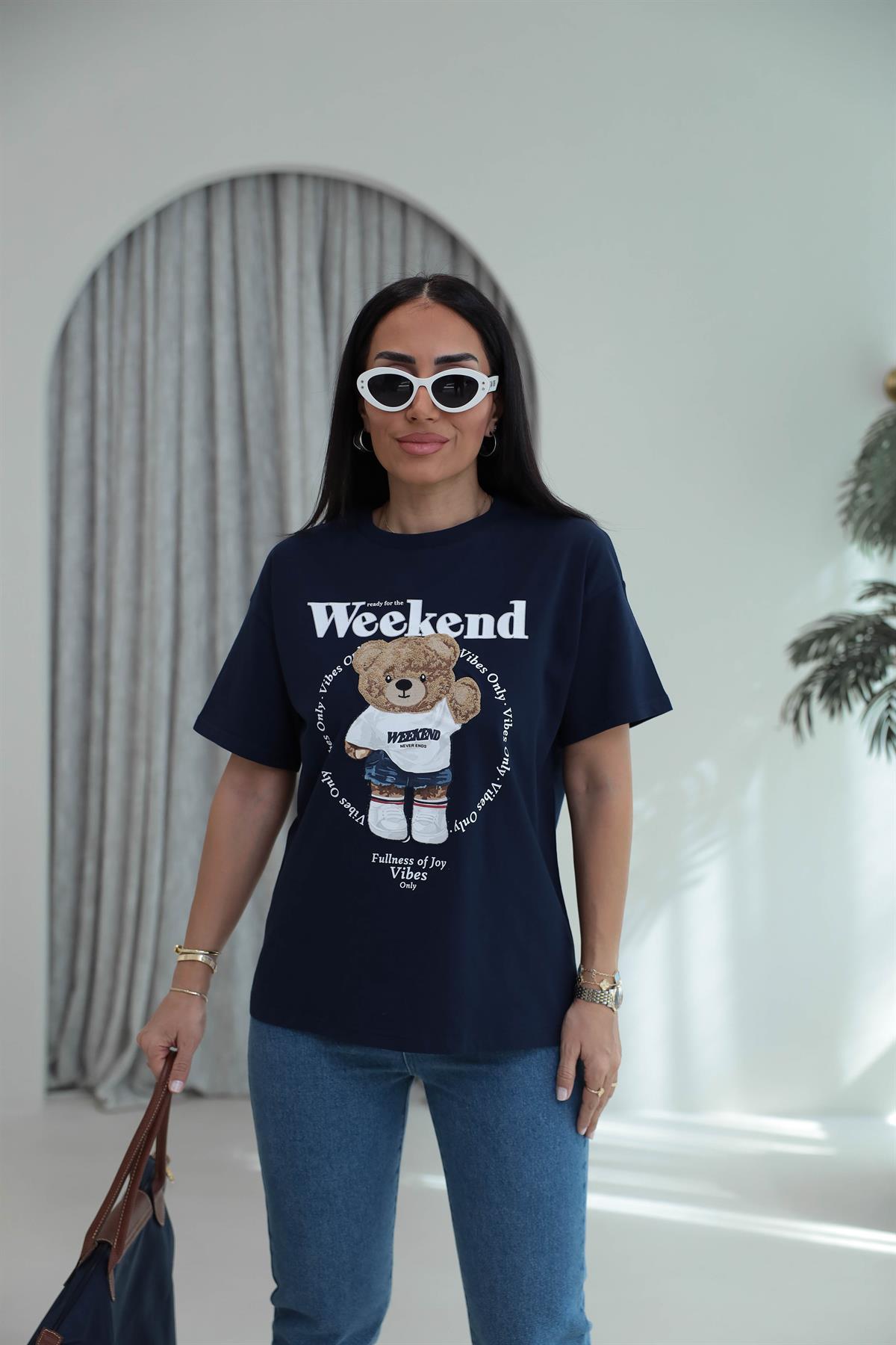 7514 Bisiklet Yaka Teddy Aplikeli Tshirt LACİVERT